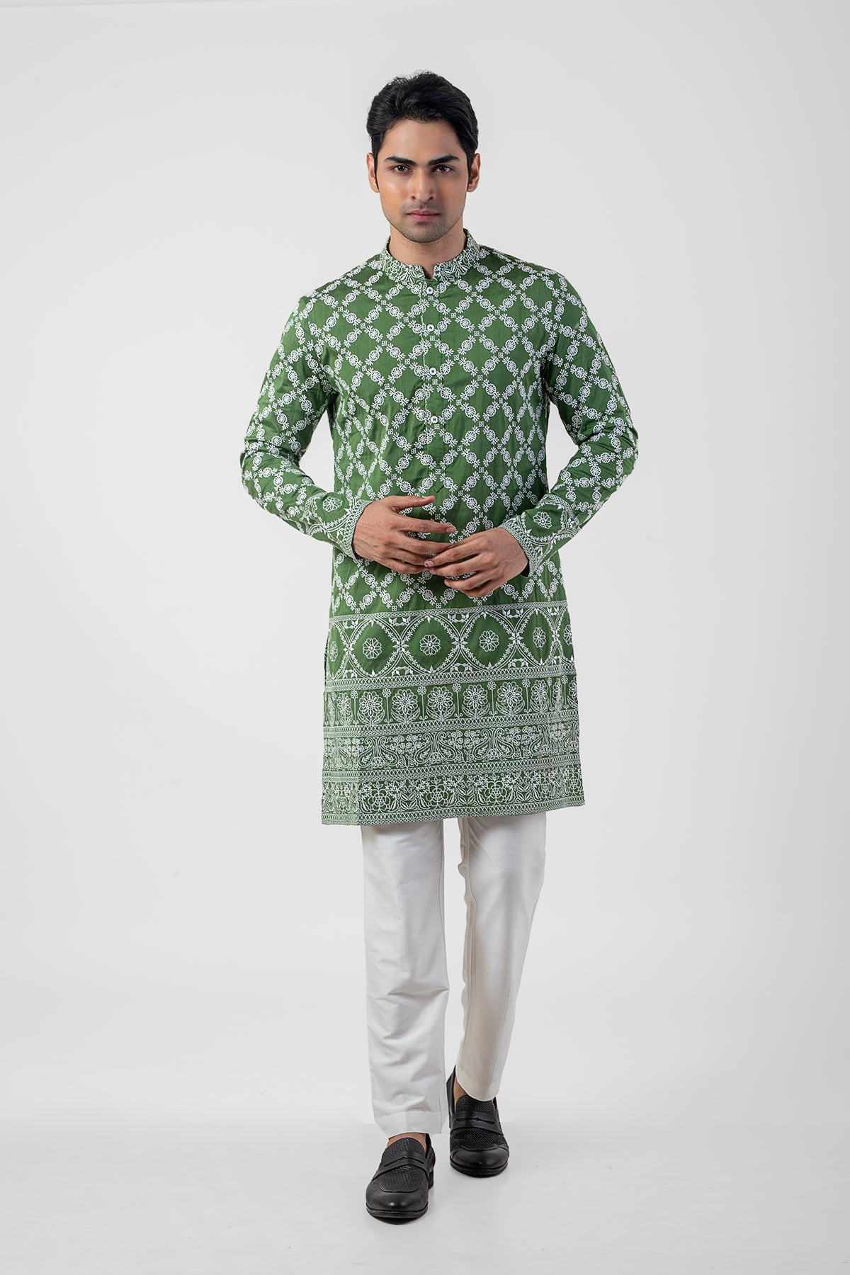 Light Green and White Katan Silk Embroidered Men's Kurta Set