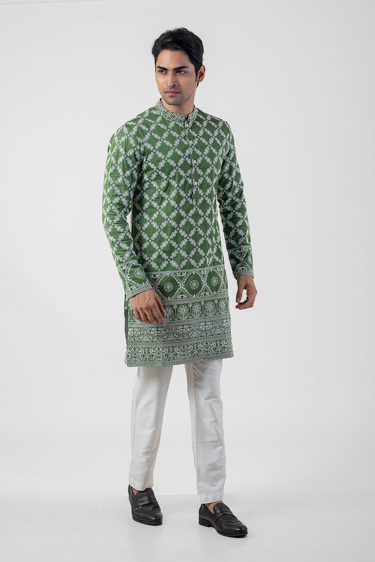 Light Green and White Katan Silk Embroidered Men's Kurta Set