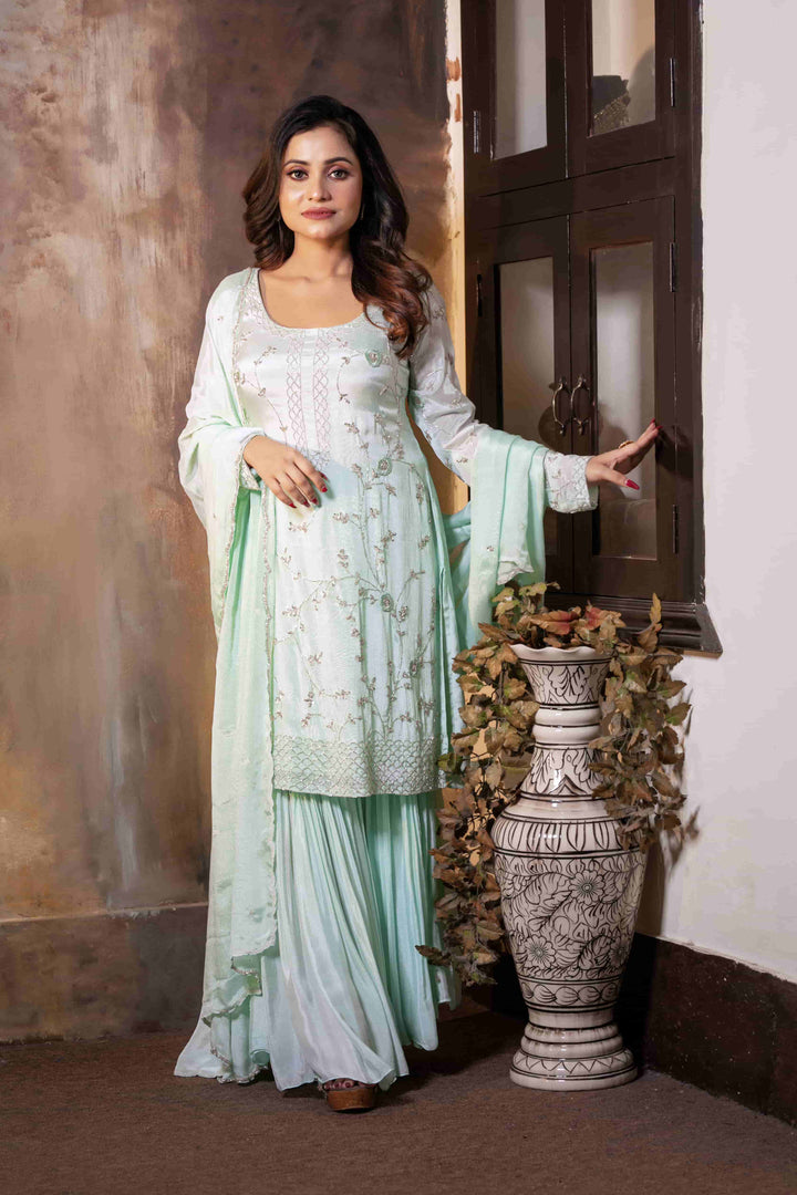 Blue Chinnon Handwork Sharara Kurta Set