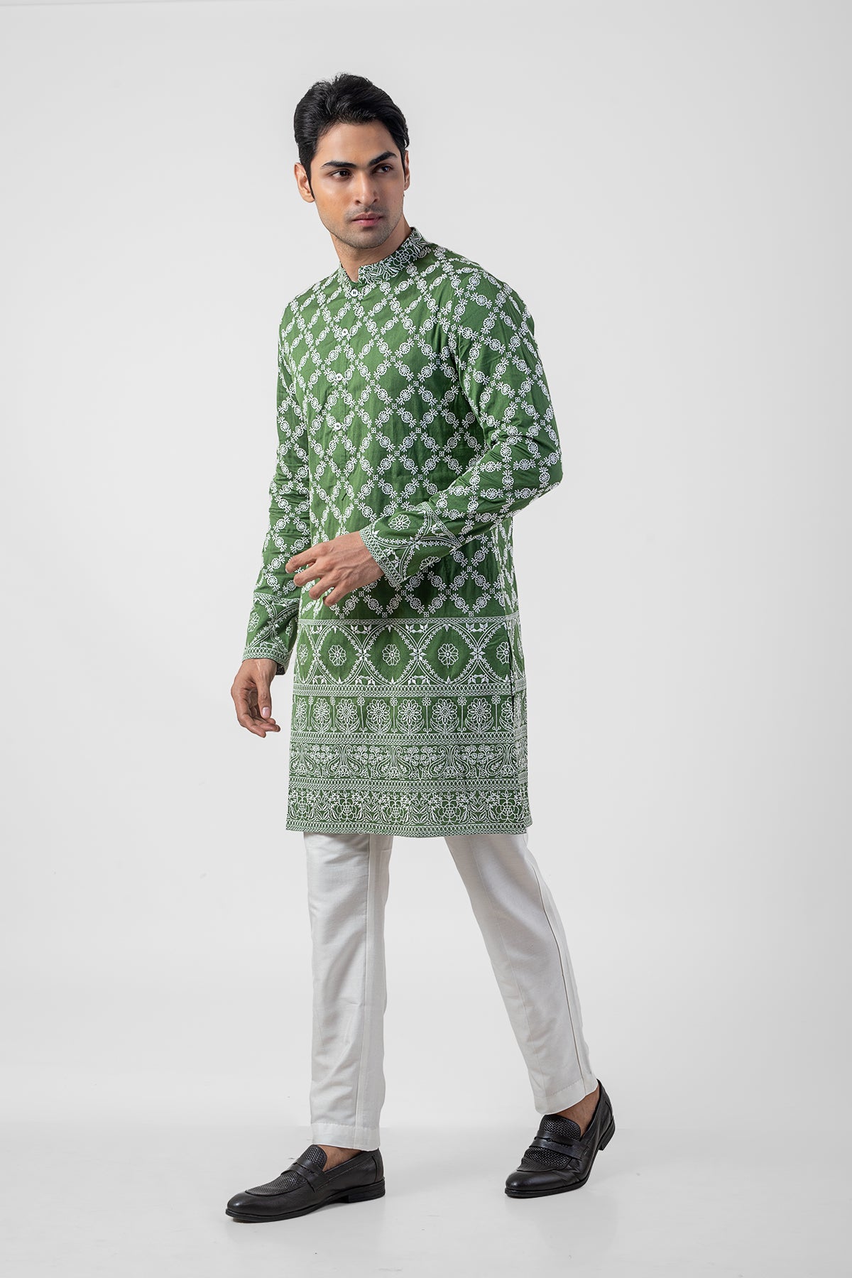 Light Green and White Katan Silk Embroidered Men's Kurta Set