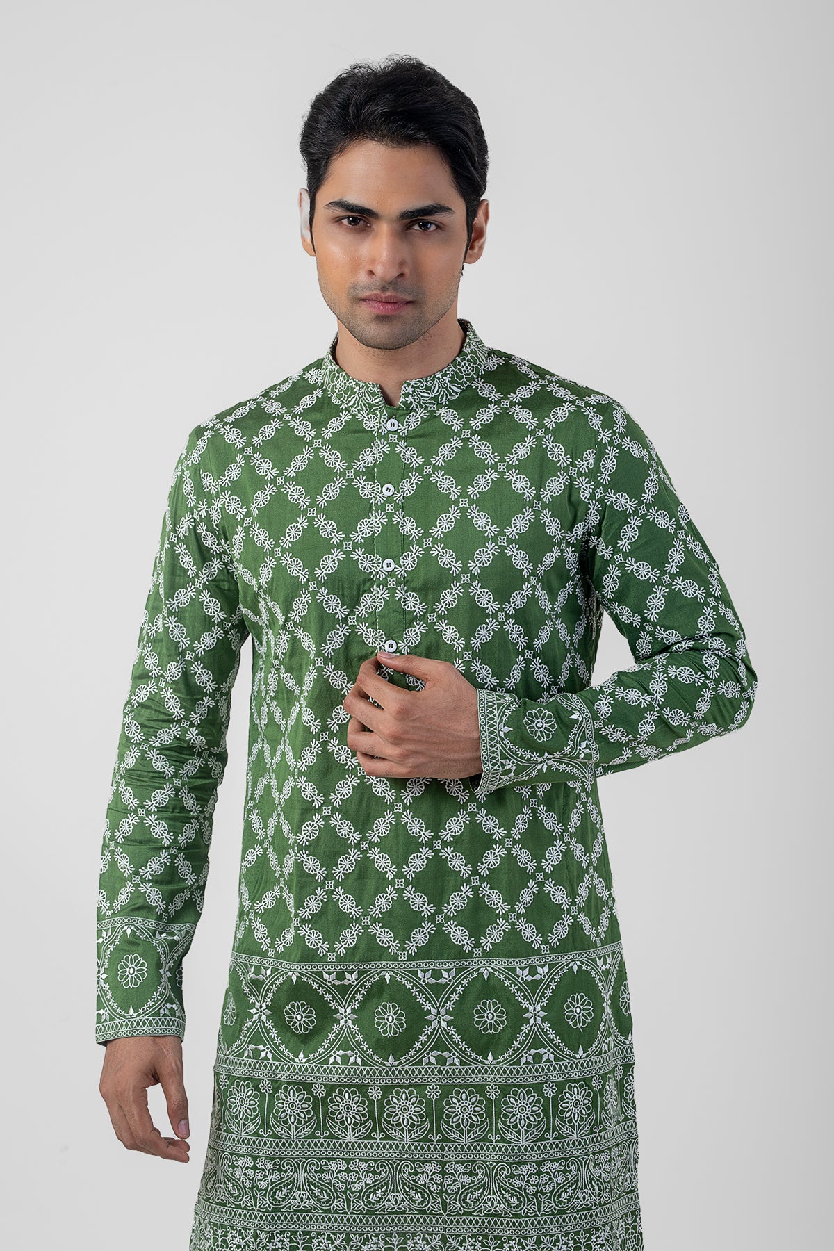 Light Green and White Katan Silk Embroidered Men's Kurta Set