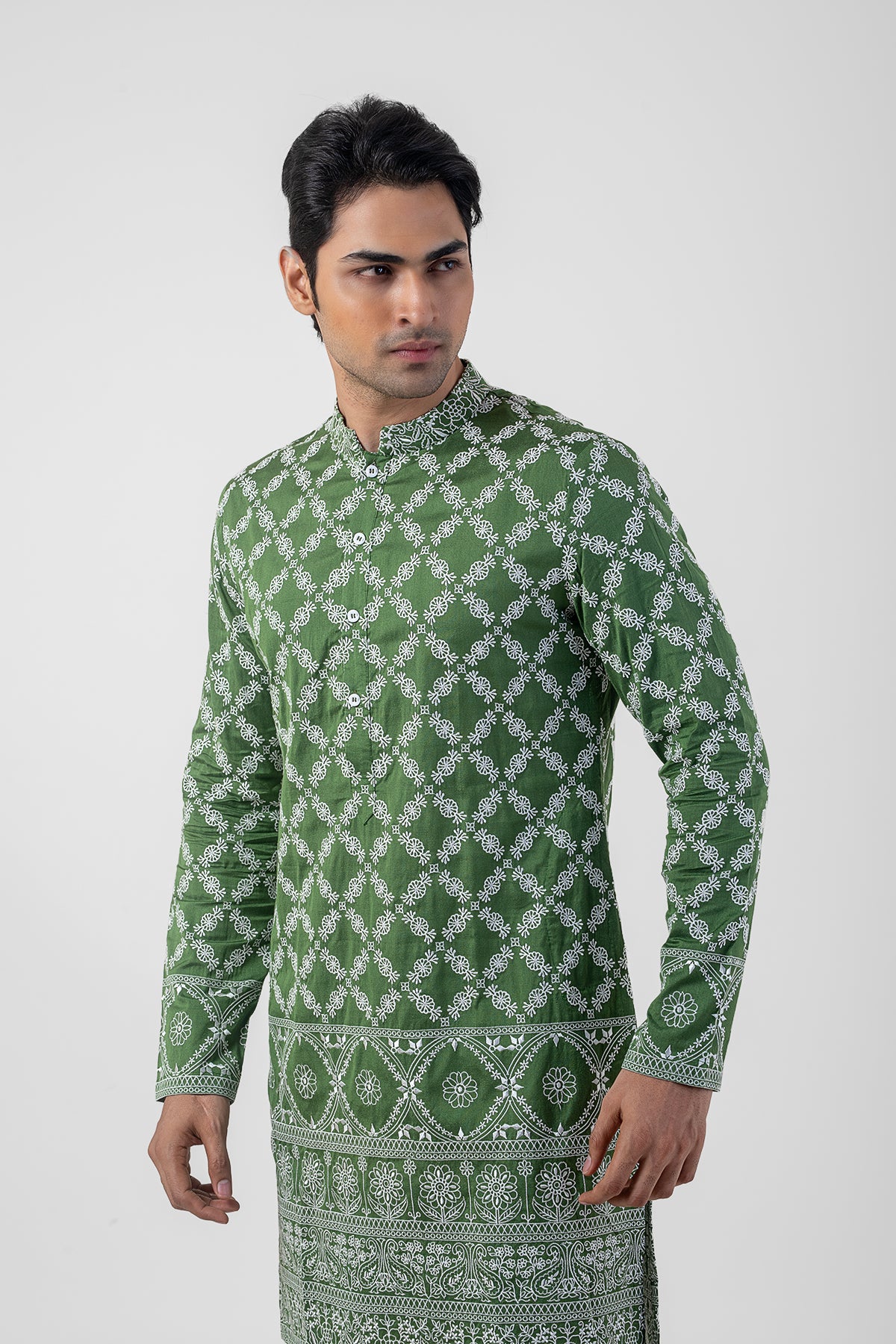 Light Green and White Katan Silk Embroidered Men's Kurta Set