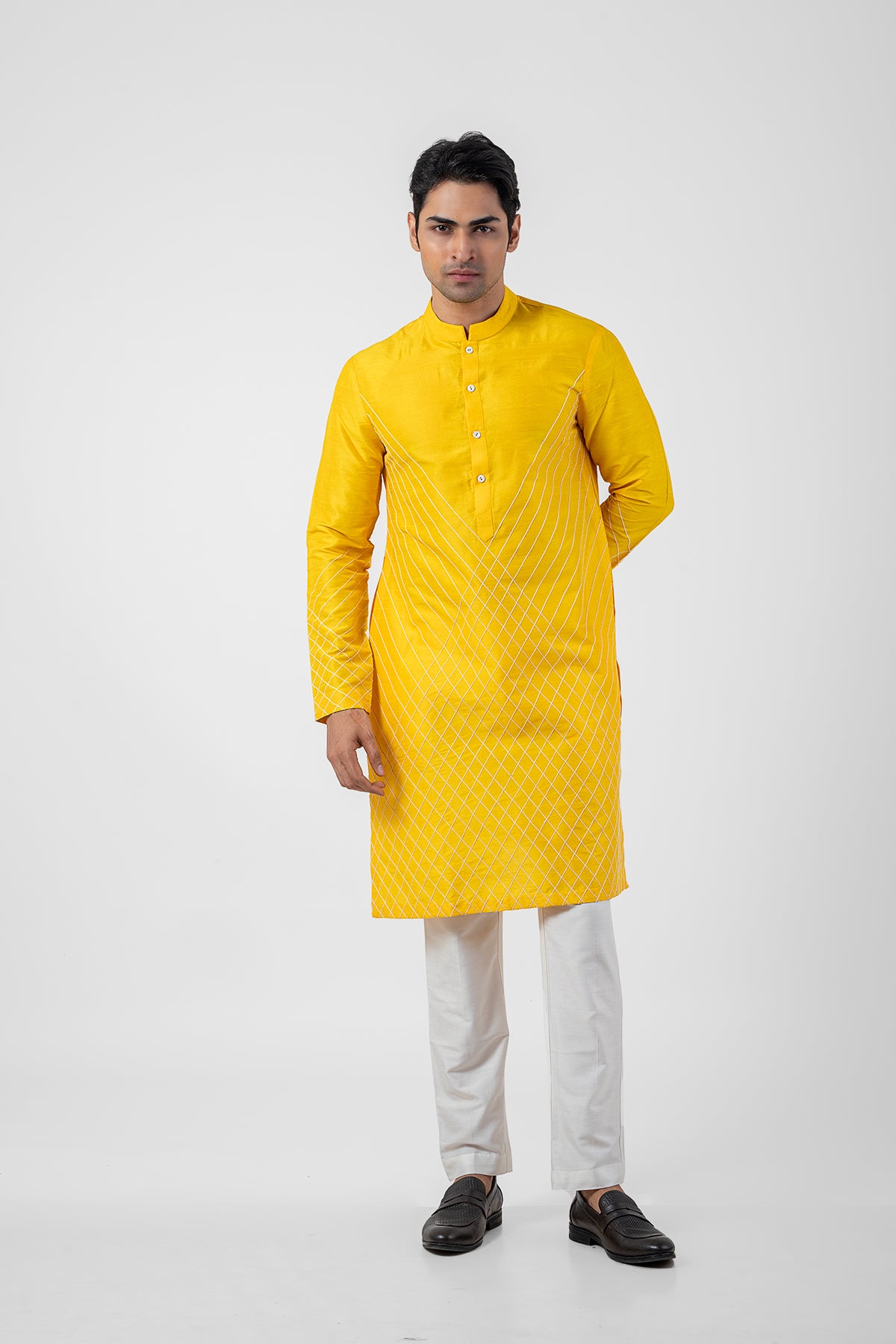 Yellow Embroidered Seltos Kurta Pajama Set for Men's Haldi Ceremony