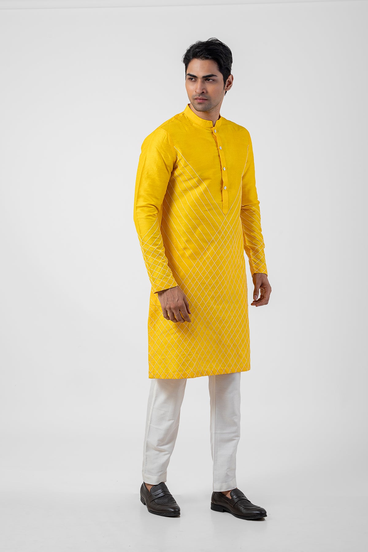 Yellow Embroidered Seltos Kurta Pajama Set for Men's Haldi Ceremony