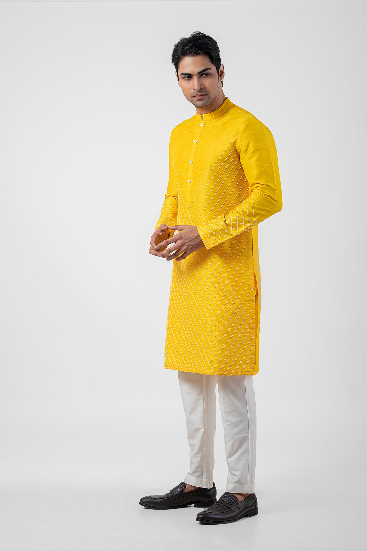 Yellow Embroidered Seltos Kurta Pajama Set for Men's Haldi Ceremony