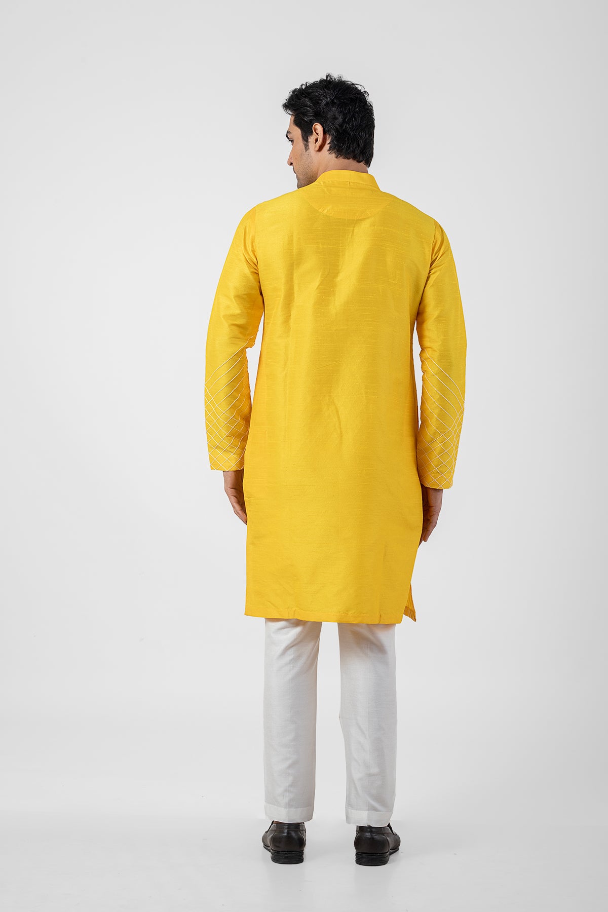 Yellow Embroidered Seltos Kurta Pajama Set for Men's Haldi Ceremony