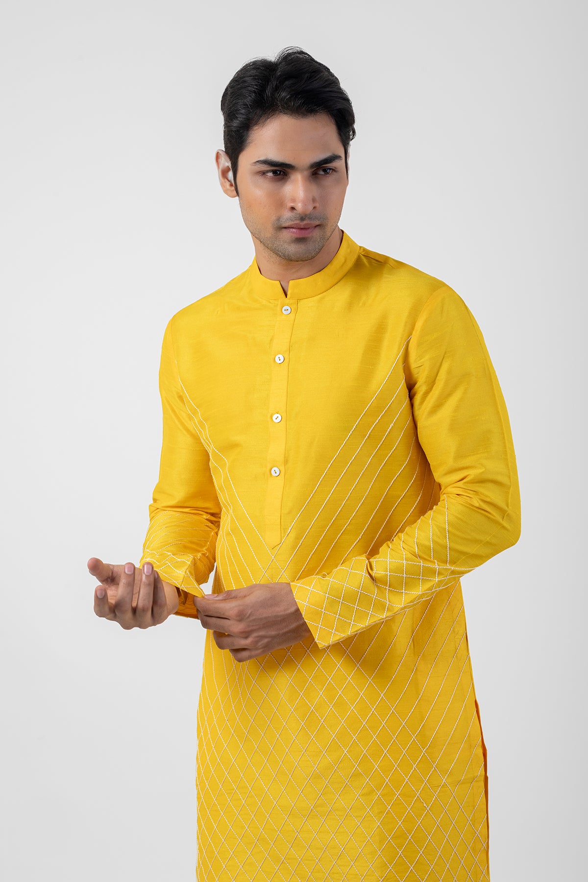 Yellow Embroidered Seltos Kurta Pajama Set for Men's Haldi Ceremony