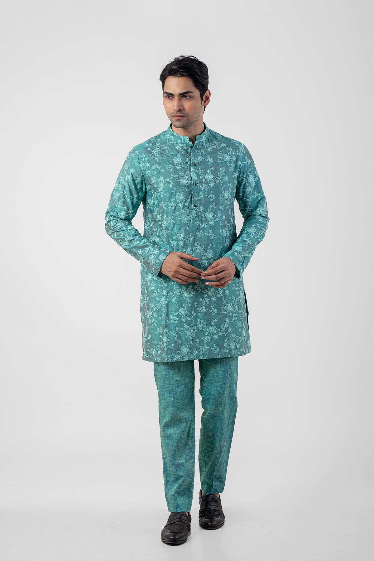 Emerald Green Trending Kurta Pajama with Floral Embroidery