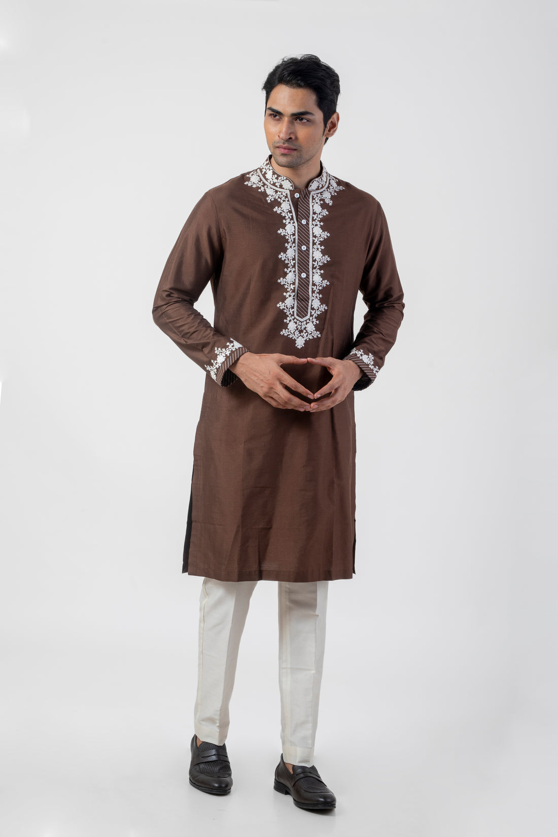 Coffee Brown Ethnic Kurta Pant set with Dori Work Embroidery