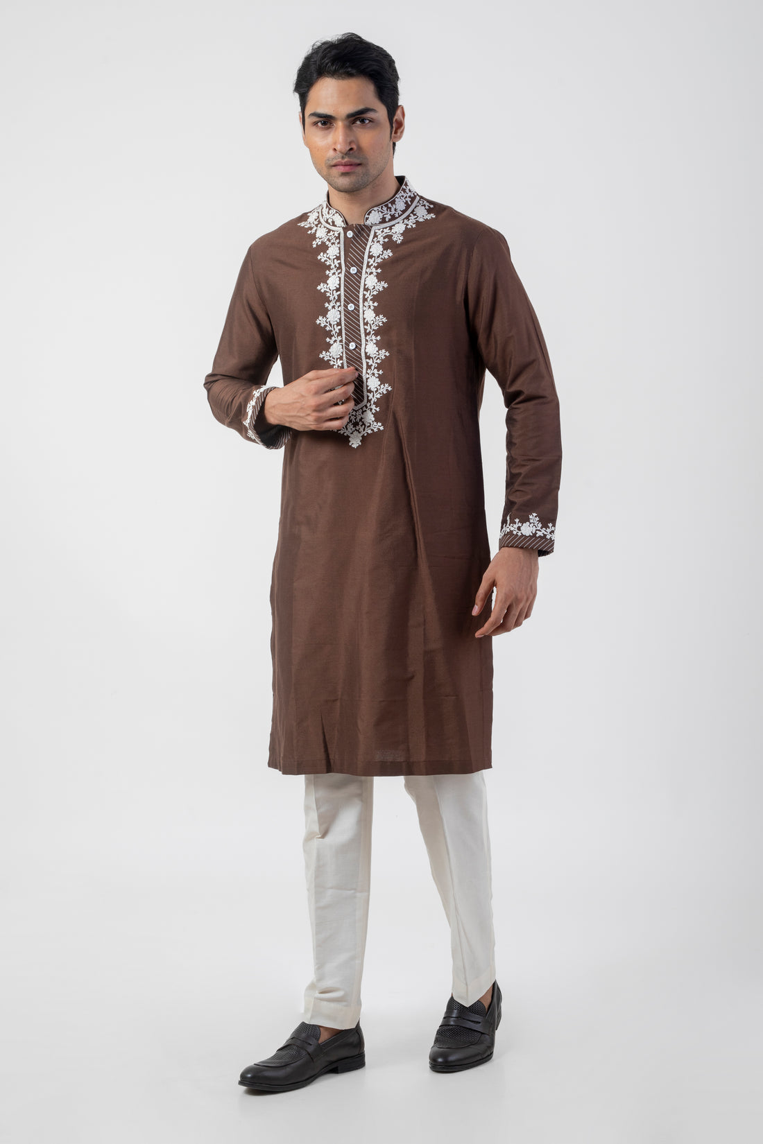 Coffee Brown Ethnic Kurta Pajama with Dori Work Embroidery