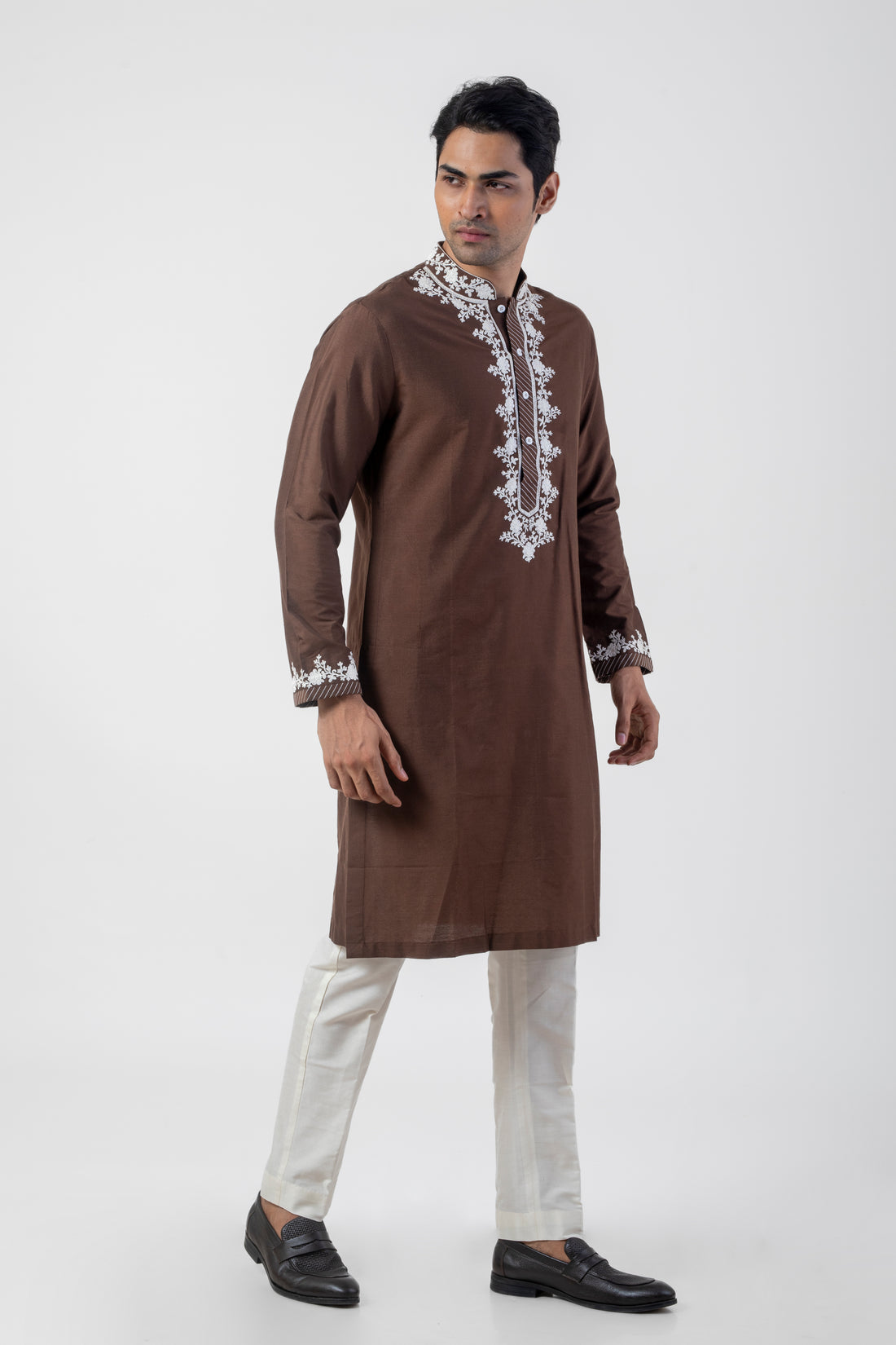 Coffee Brown Ethnic Kurta Pant set with Dori Work Embroidery