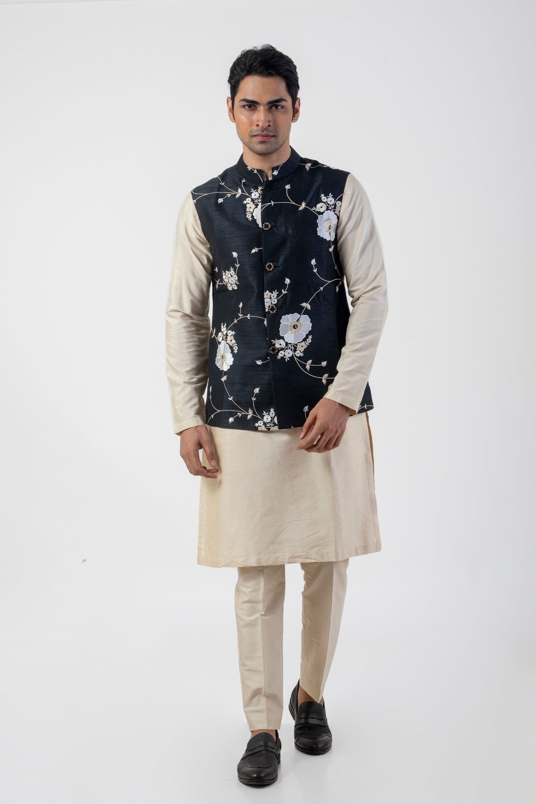 Beige and Black Nehru Jacket Kurta Pajama Set with Embroidery