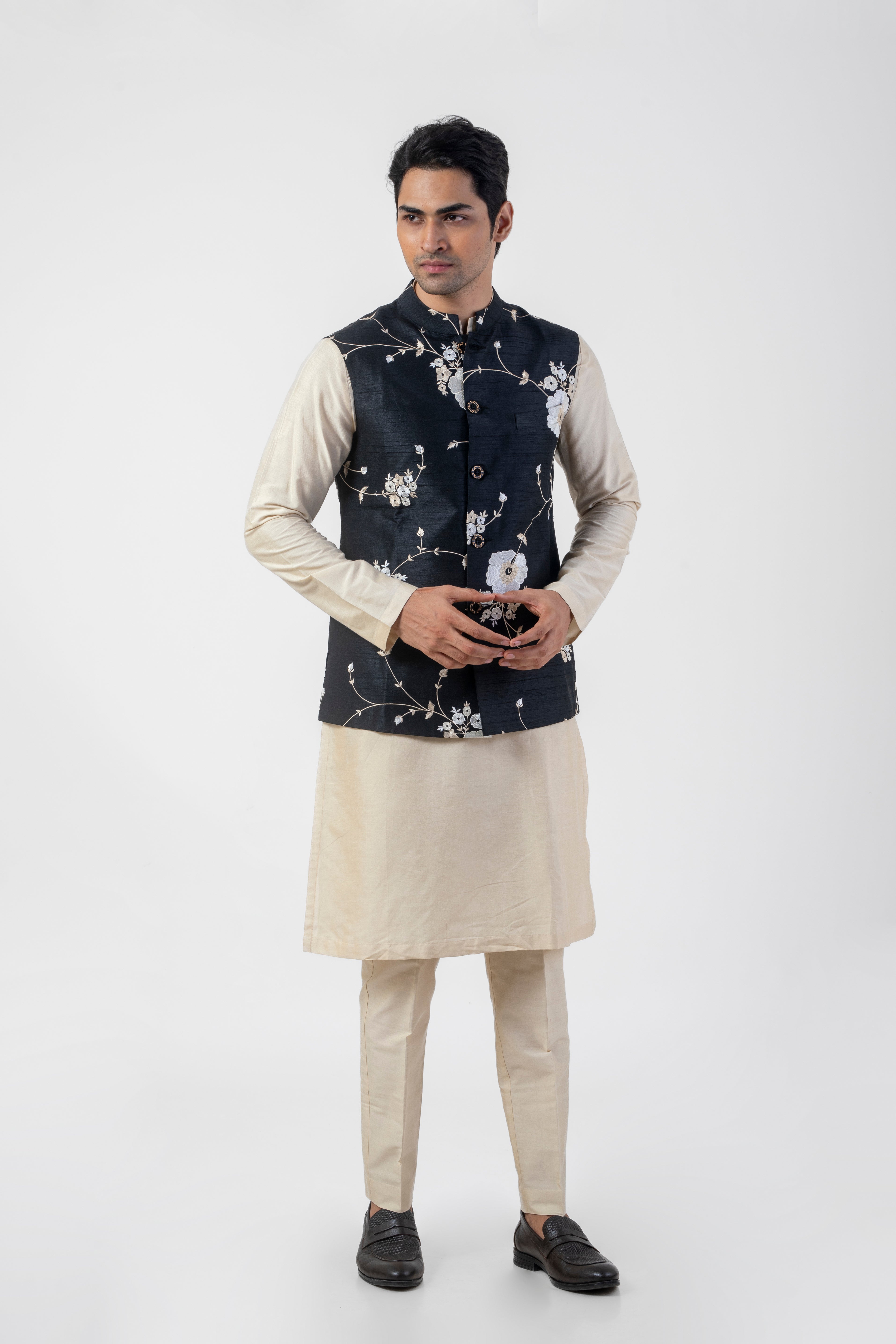 Beige and Black Nehru Jacket Kurta Pajama Set with Embroidery