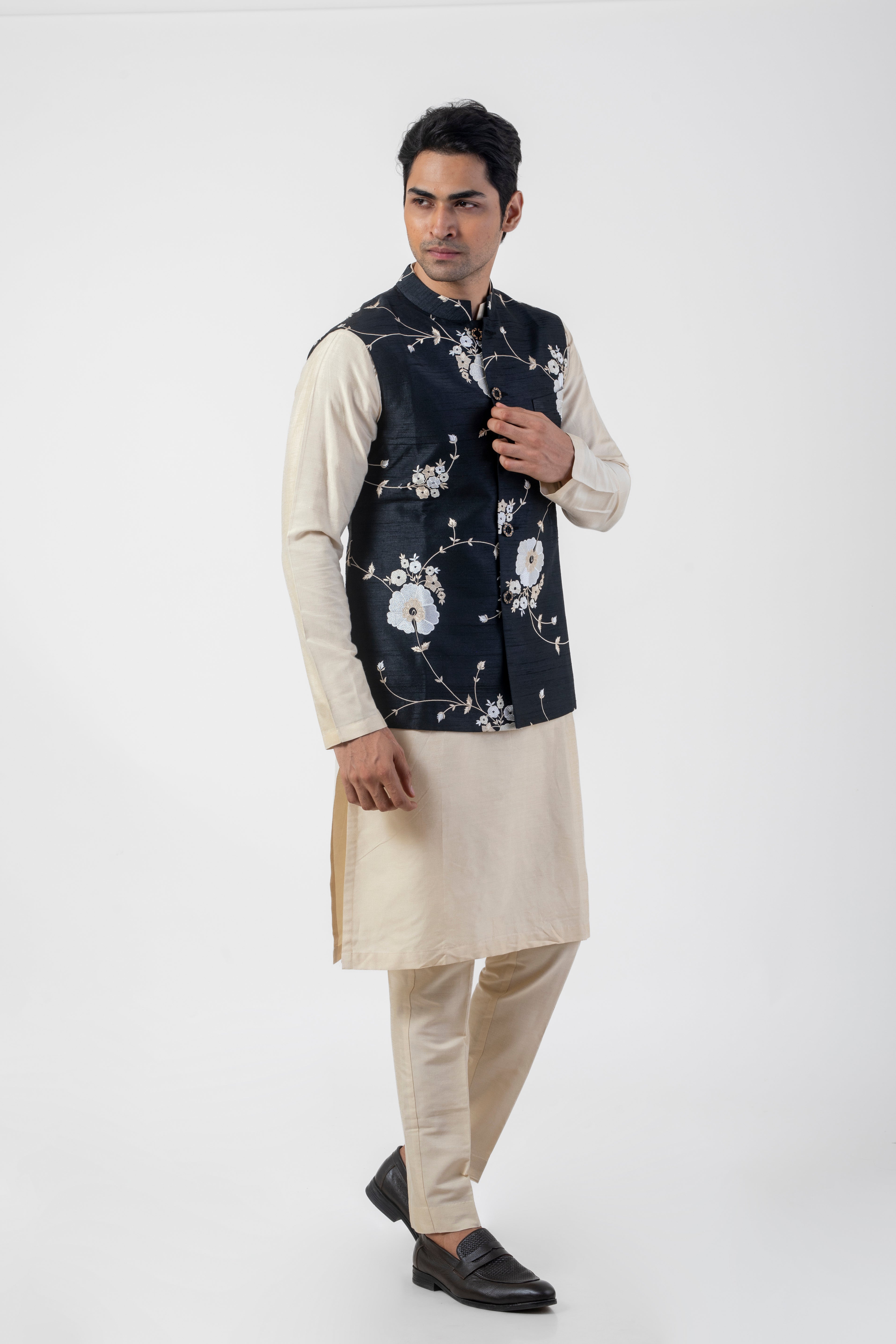 Beige and  Black Katan Silk Kurta Set with Seltos Nehru Jacket