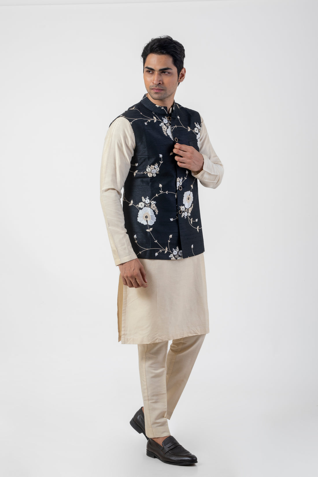 Beige and Black Nehru Jacket Kurta Pajama Set with Embroidery