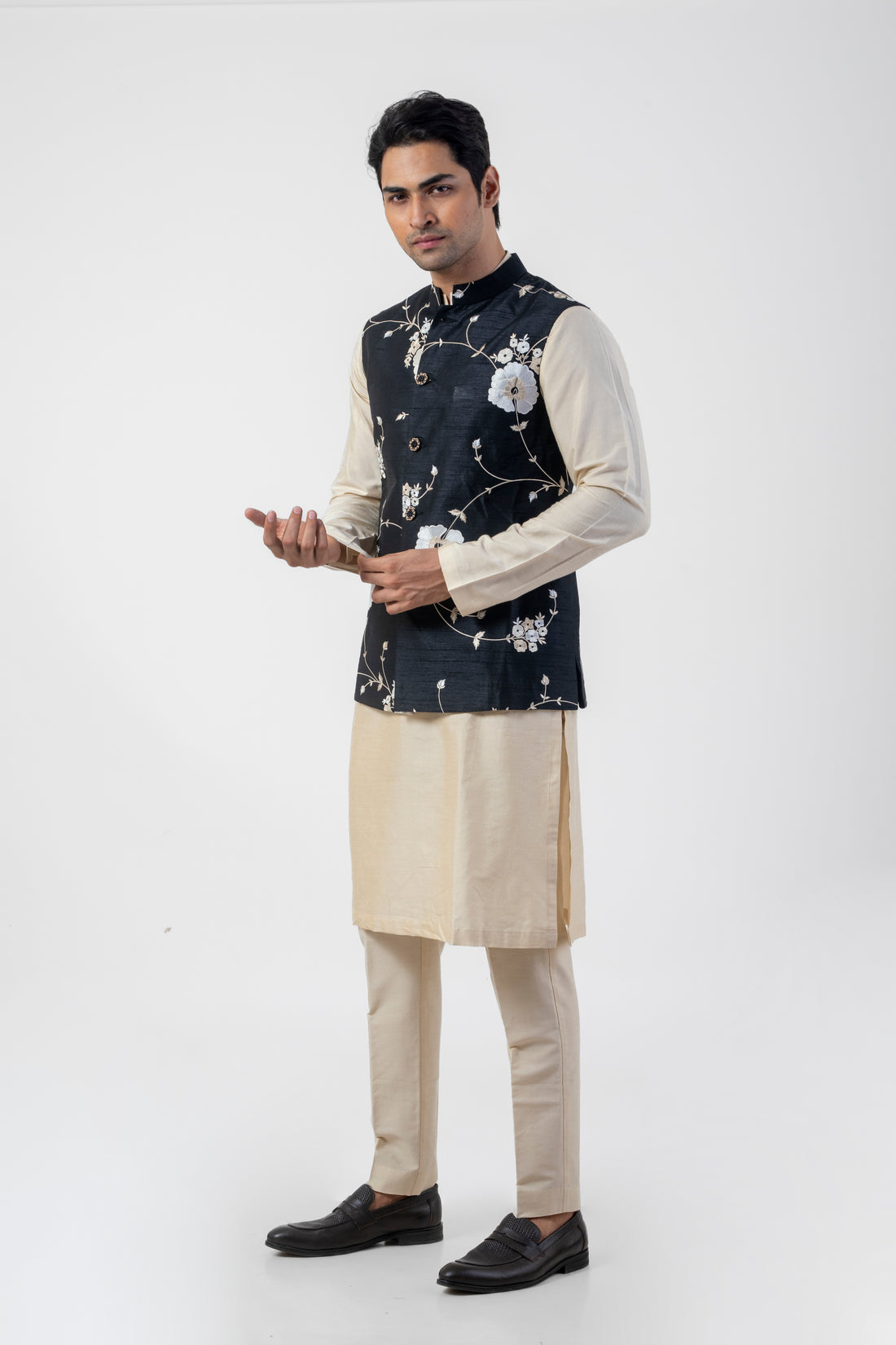 Beige and Black Nehru Jacket Kurta Pajama Set with Embroidery