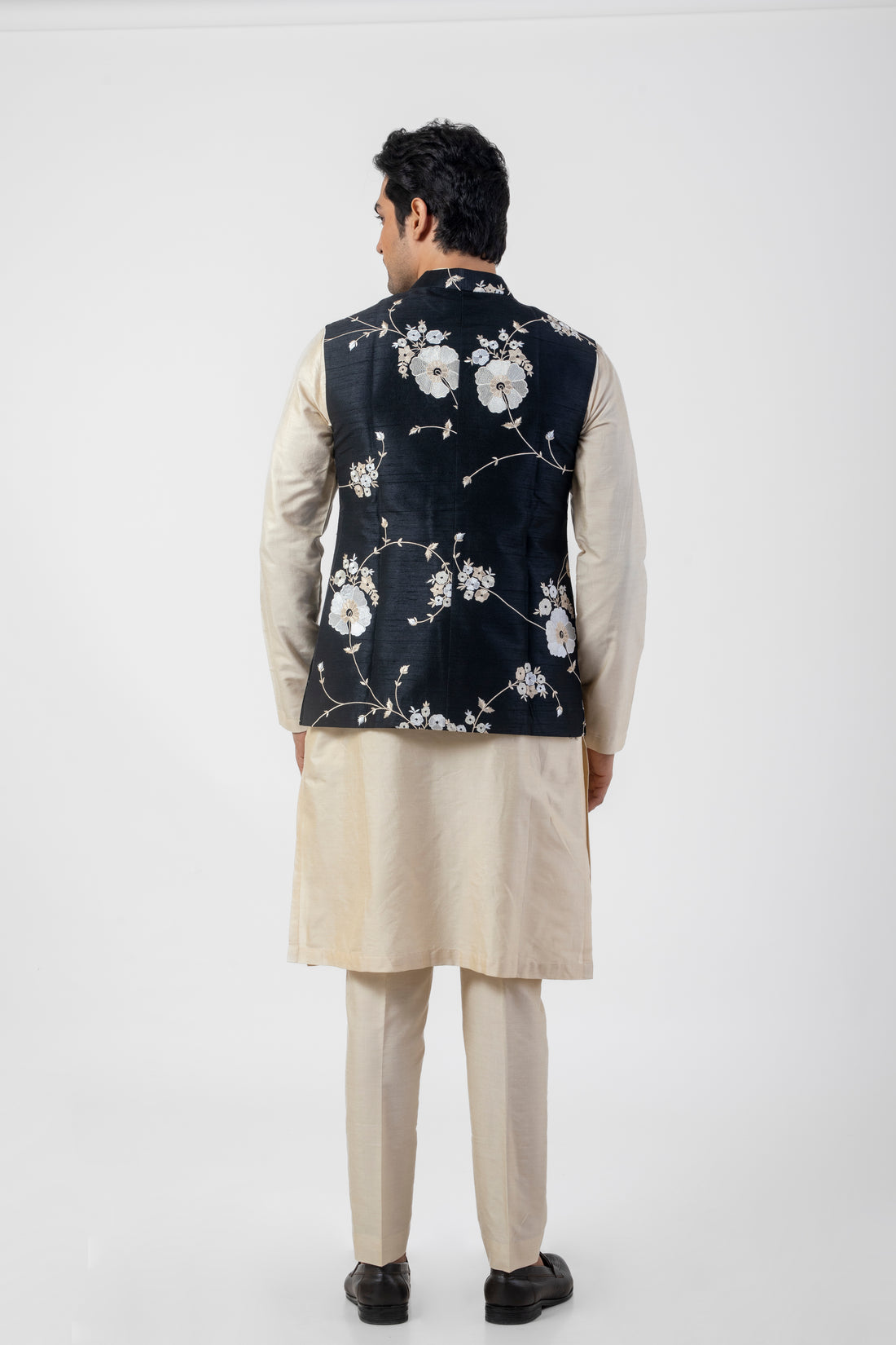 Beige and Black Nehru Jacket Kurta Pajama Set with Embroidery