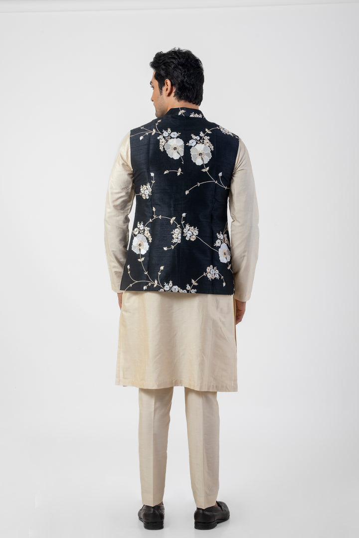 Beige and  Black Katan Silk Kurta Set with Seltos Nehru Jacket