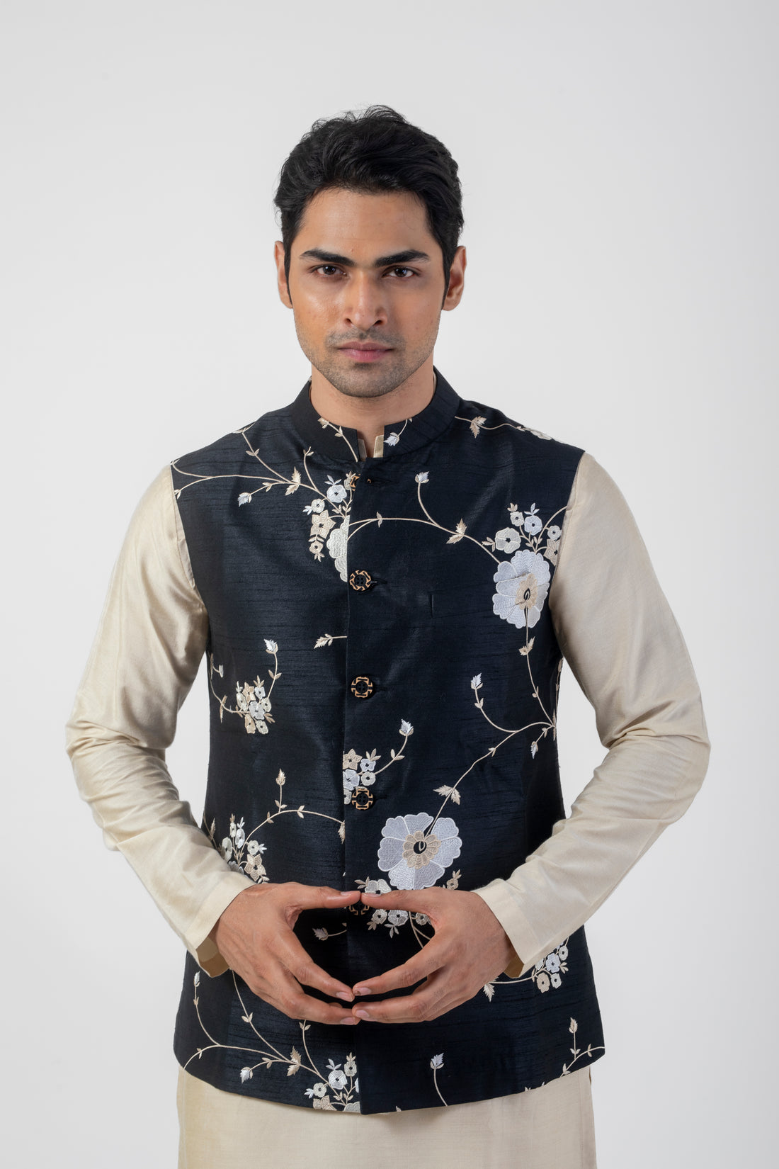 Beige and Black Nehru Jacket Kurta Pajama Set with Embroidery