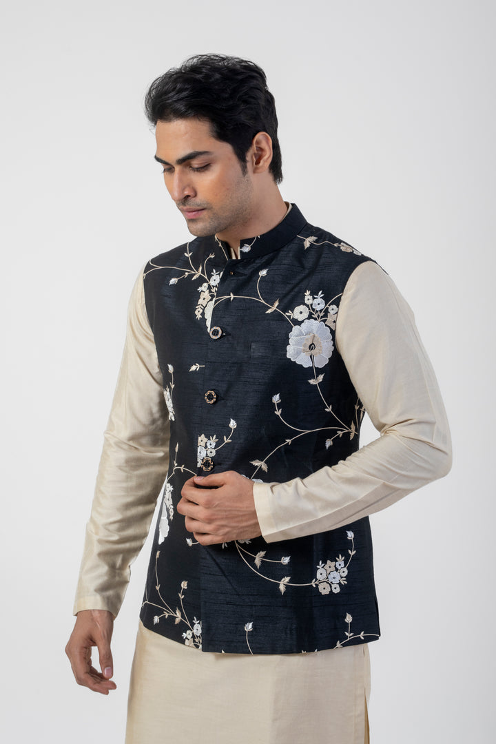 Beige and Black Nehru Jacket Kurta Pajama Set with Embroidery