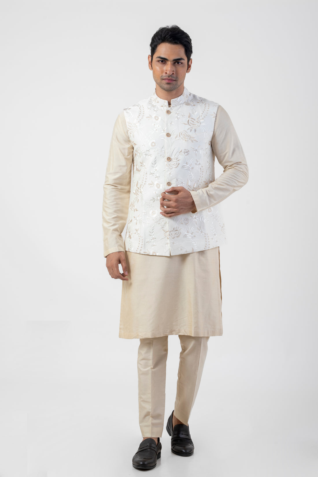 Off White Resham Embroidered Nehru Jacket with Light Brown Kurta and Trouser Set