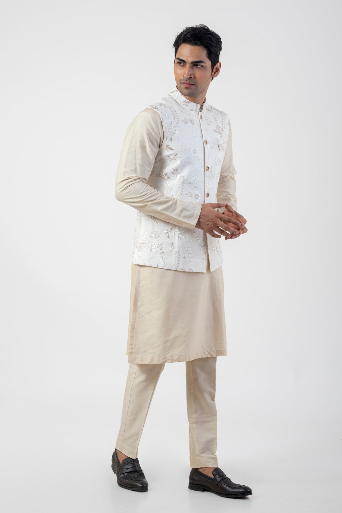 Off White Resham Embroidered Nehru Jacket with Light Brown Kurta and Trouser Set