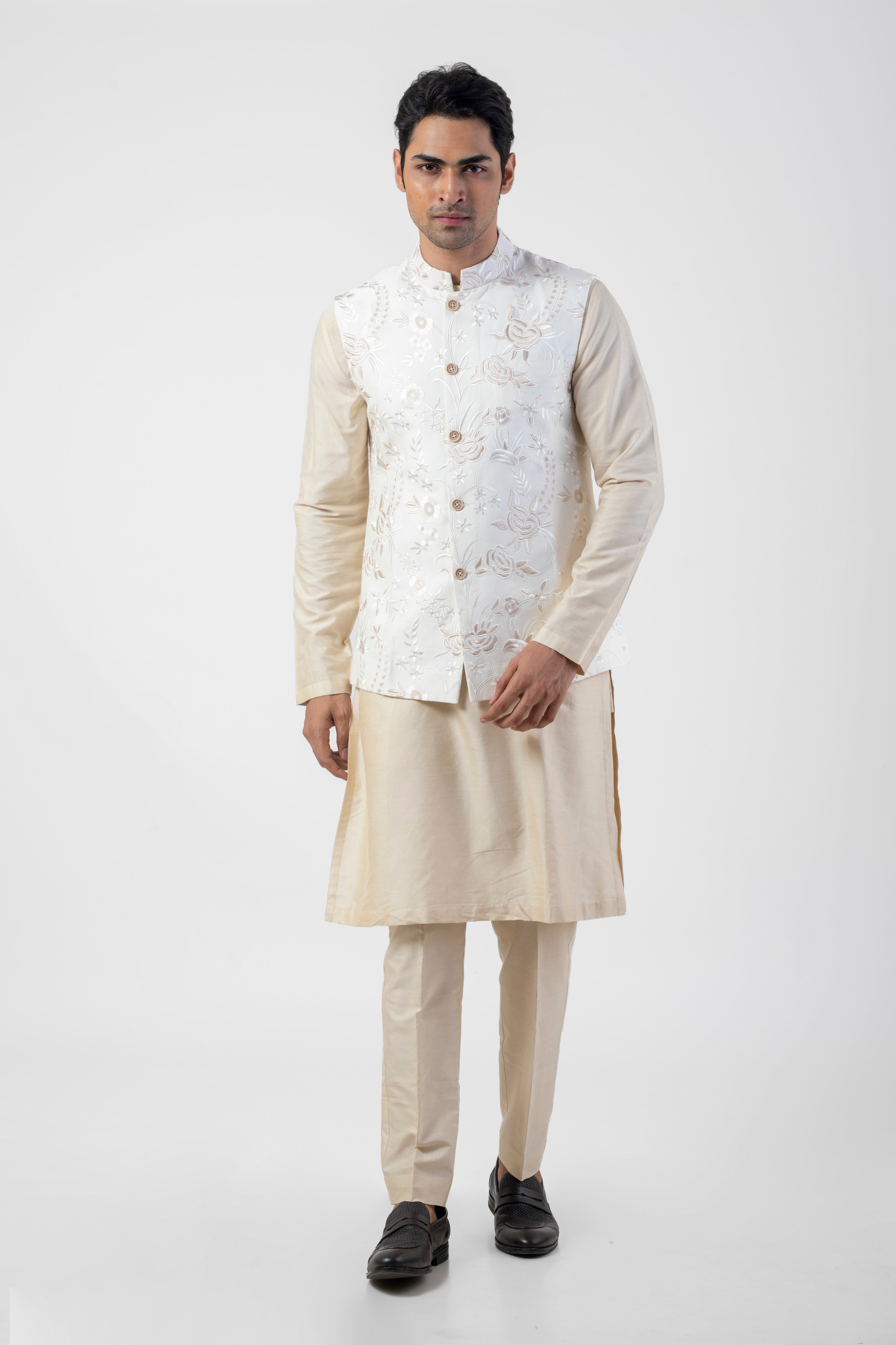 Beige Off White Katan Silk Kurta Set with Jacket