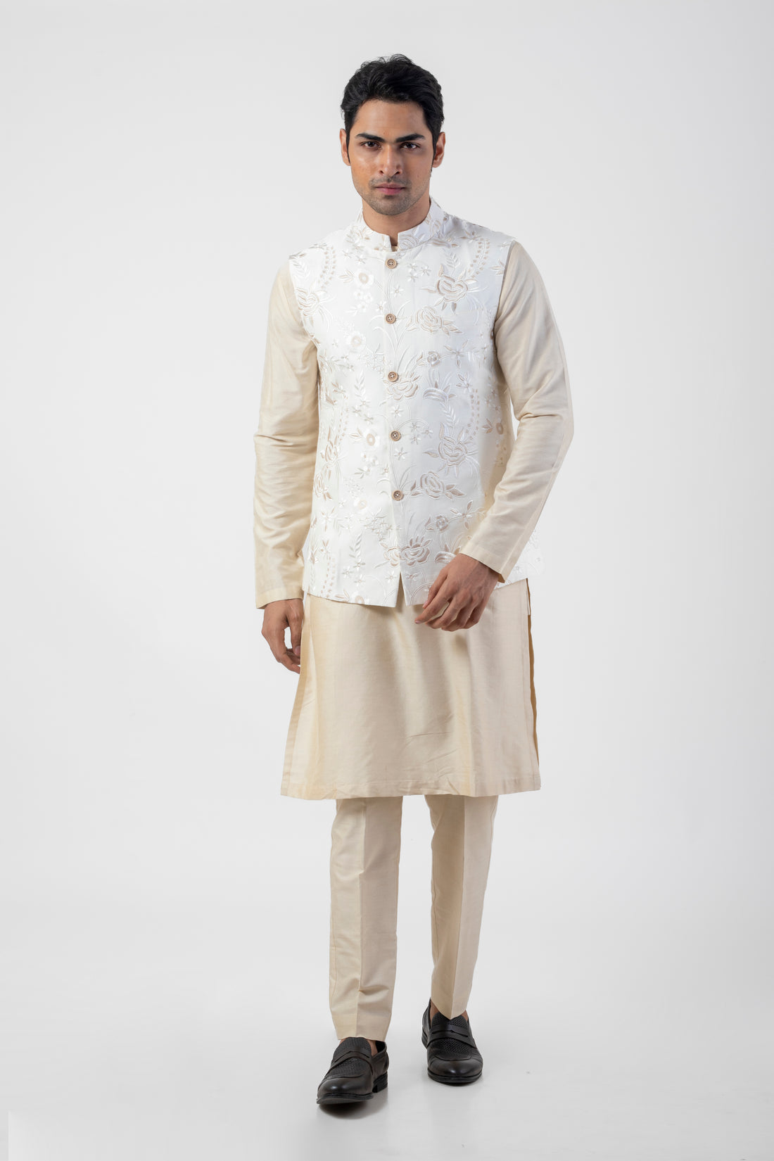 Off White Resham Embroidered Nehru Jacket with Light Brown Kurta and Trouser Set