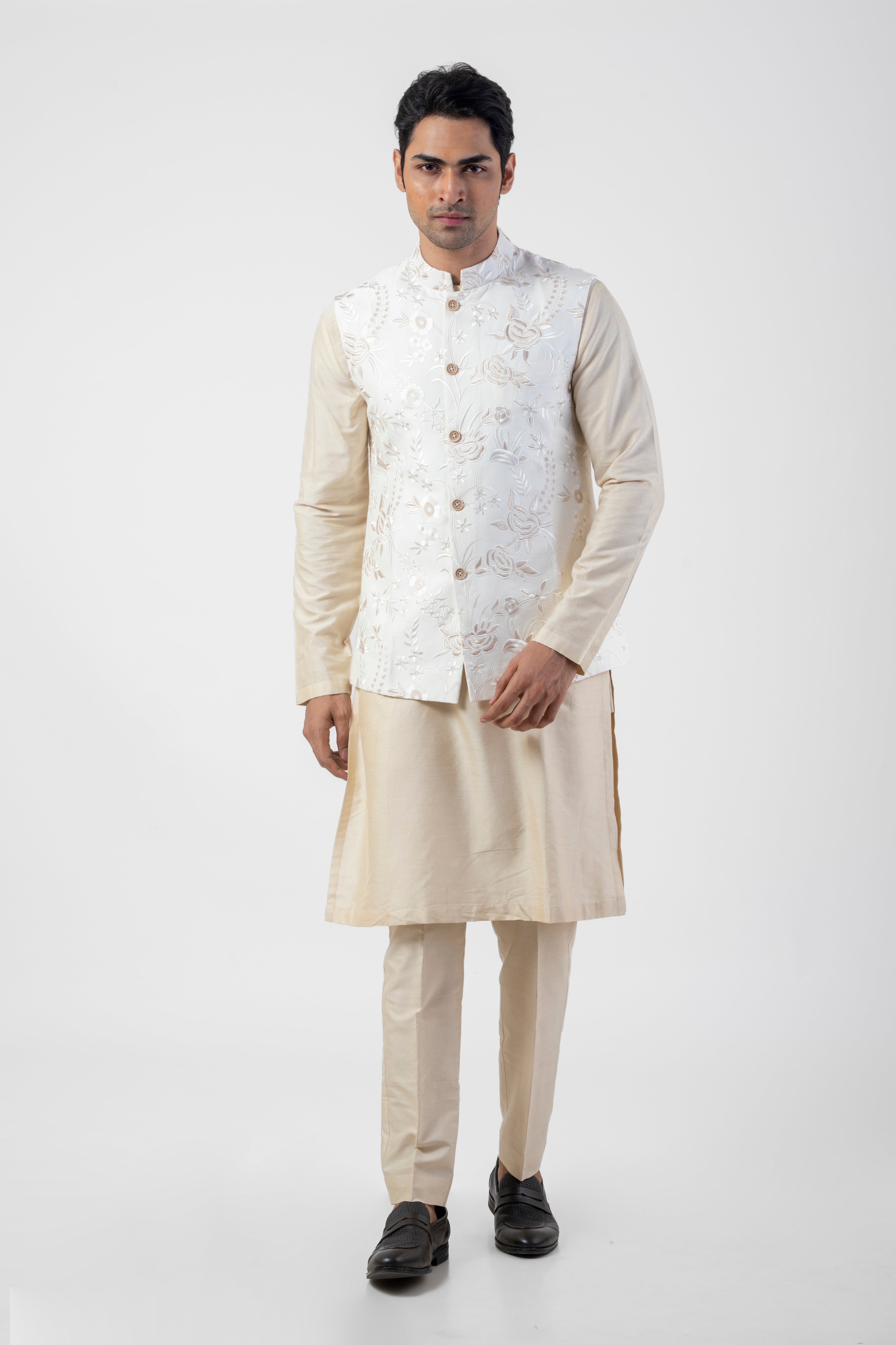 Off White Embroidered Nehru Jacket with Light Brown Kurta and Trouser Set