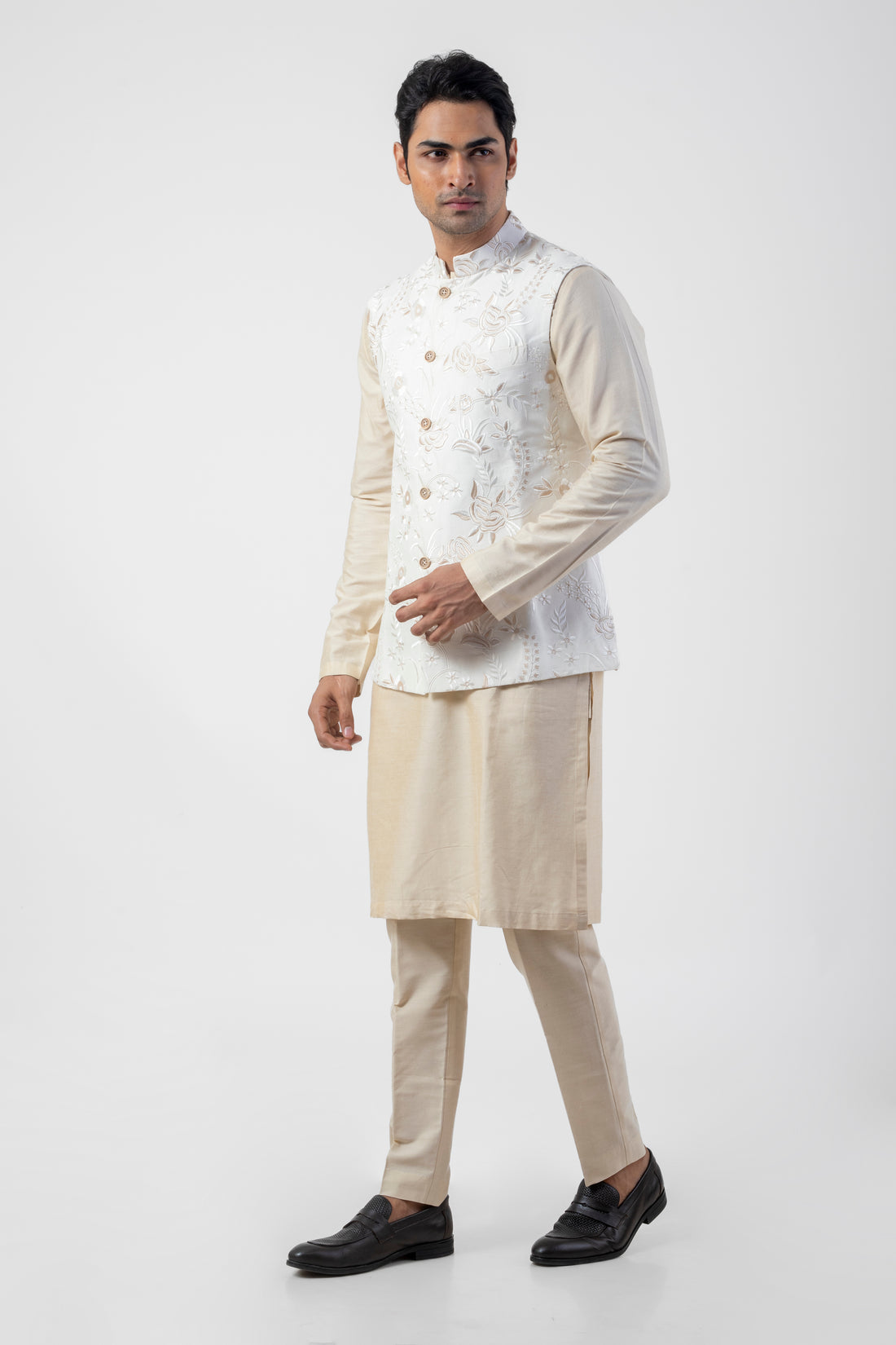 Off White Resham Embroidered Nehru Jacket with Light Brown Kurta and Trouser Set