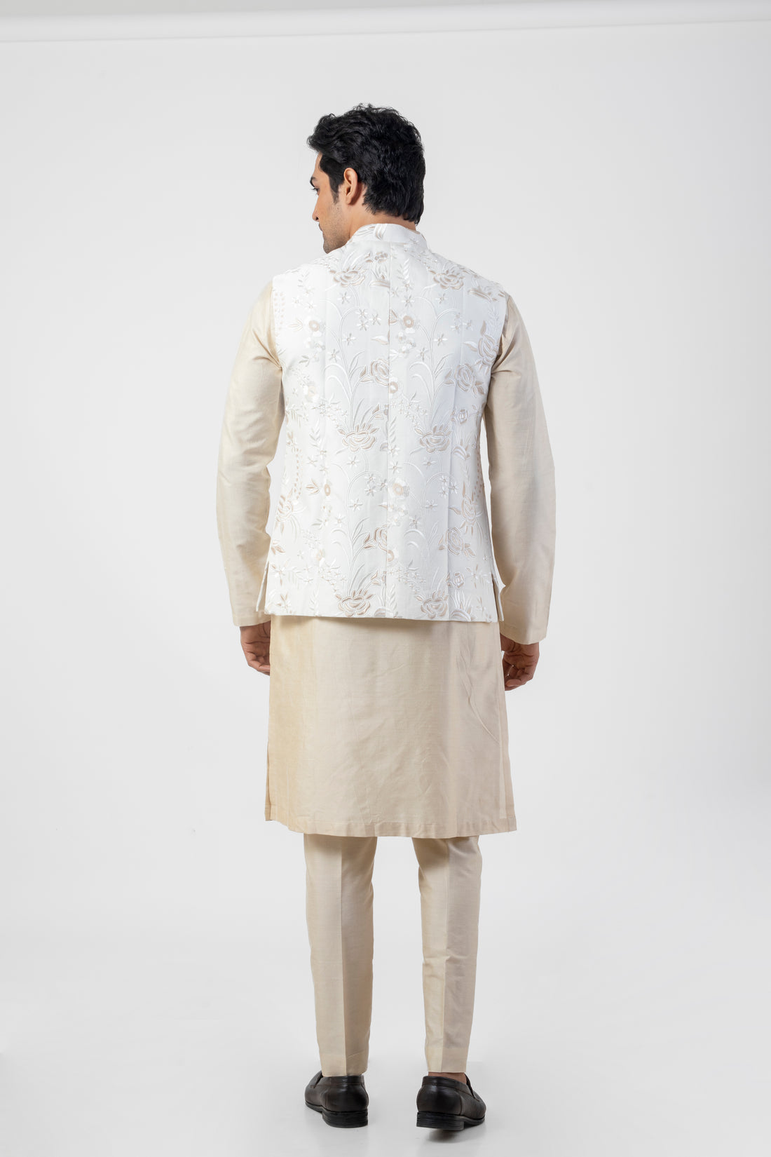 Off White Resham Embroidered Nehru Jacket with Light Brown Kurta and Trouser Set