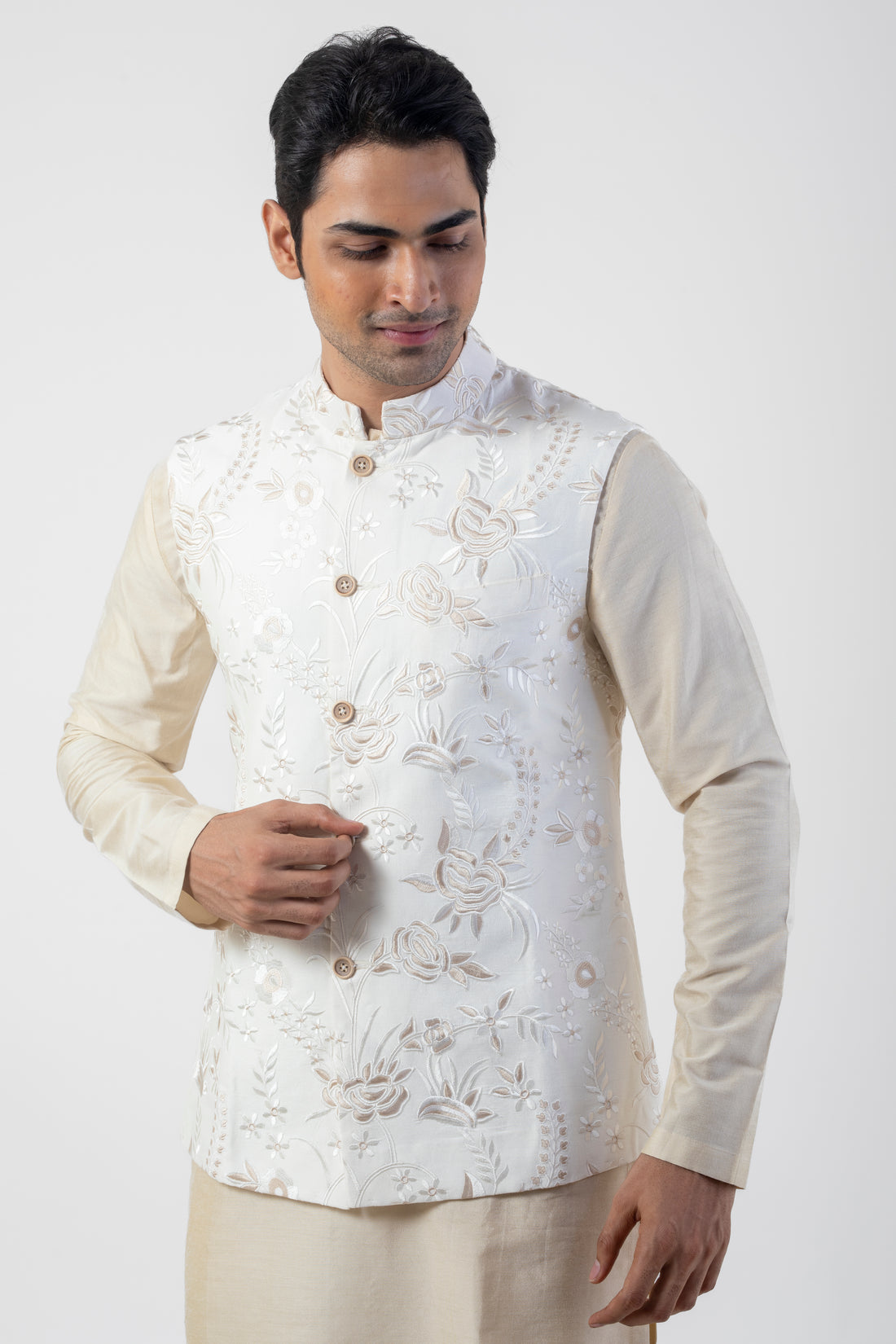 Off White Resham Embroidered Nehru Jacket with Light Brown Kurta and Trouser Set