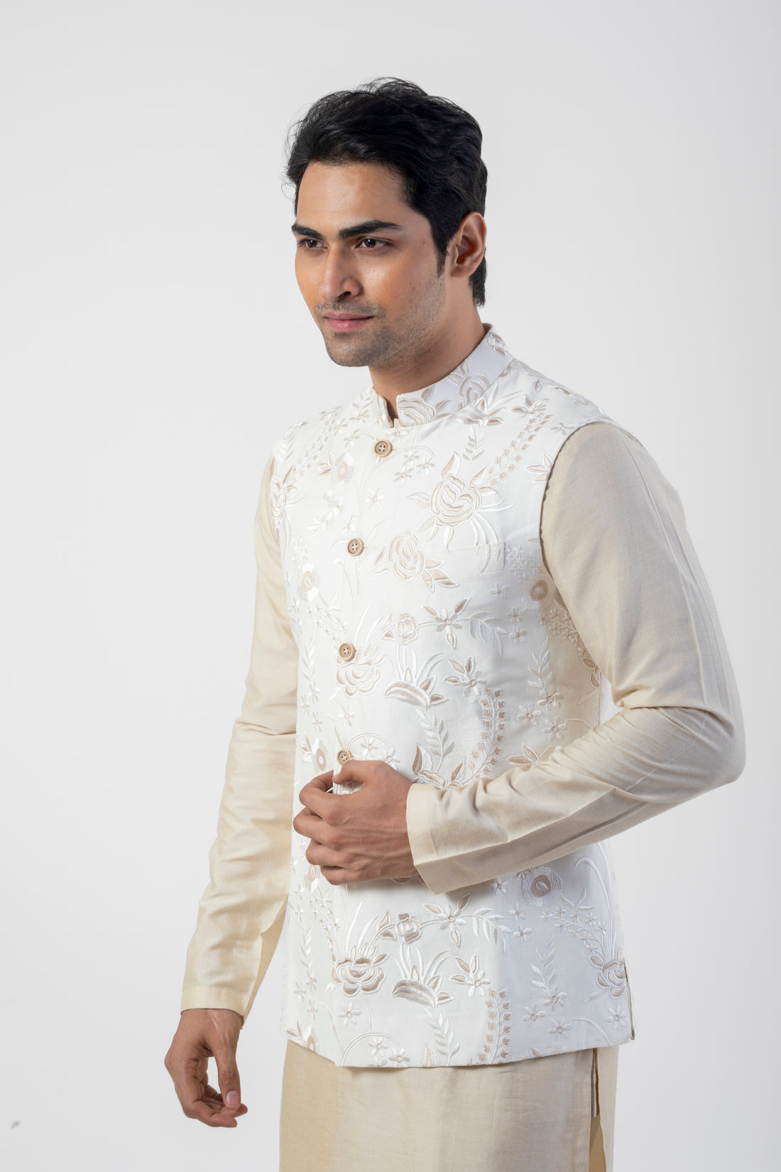 Off White Embroidered Nehru Jacket with Light Brown Kurta and Trouser Set