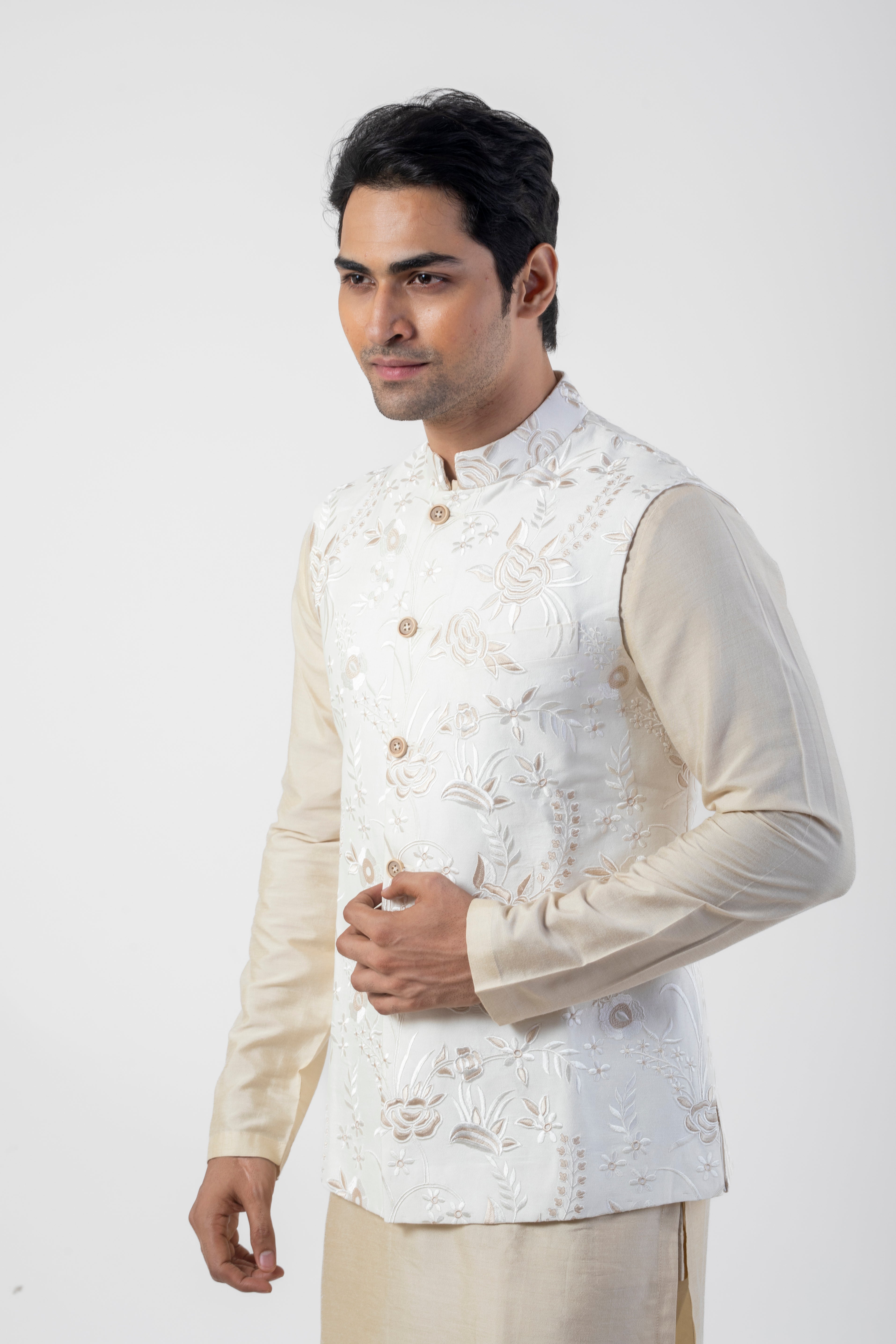 Off White Embroidered Nehru Jacket with Light Brown Kurta and Trouser Set