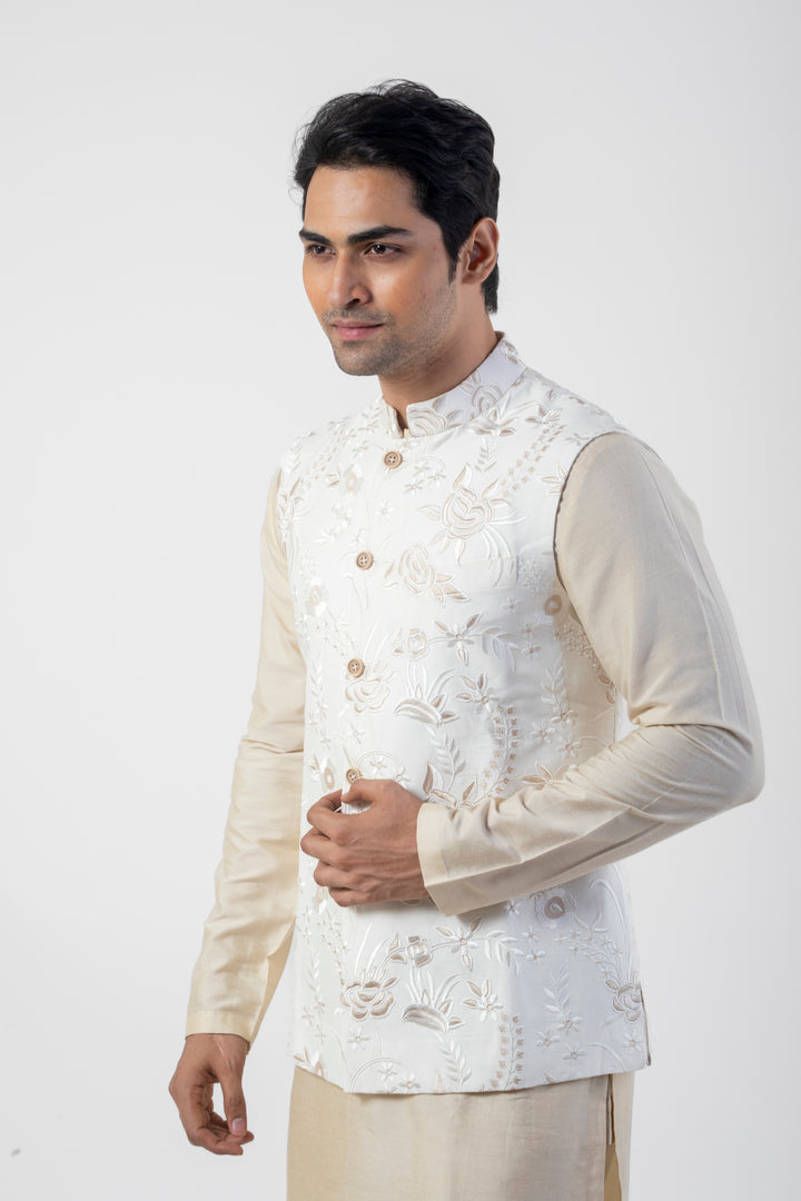 Off White Resham Embroidered Nehru Jacket with Light Brown Kurta and Trouser Set