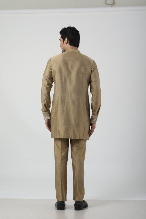 Rust Gold Katan Silk Embroidered Kurta Set