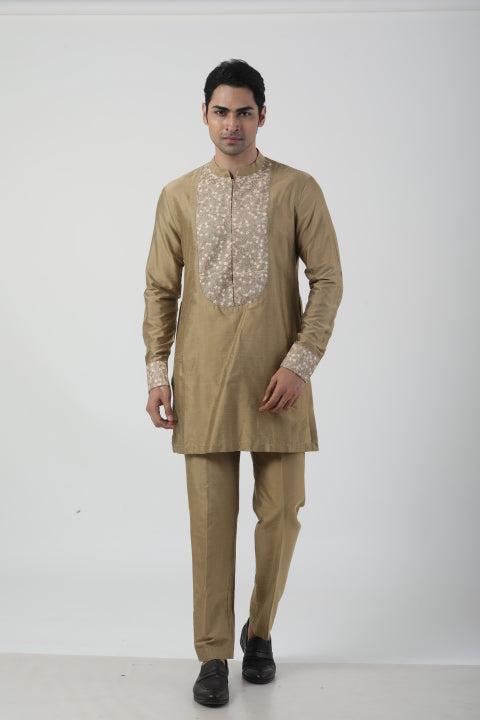 Rust Gold Katan Silk Embroidered Kurta Set