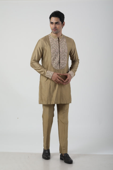 Rust Gold Katan Silk Embroidered Kurta Set