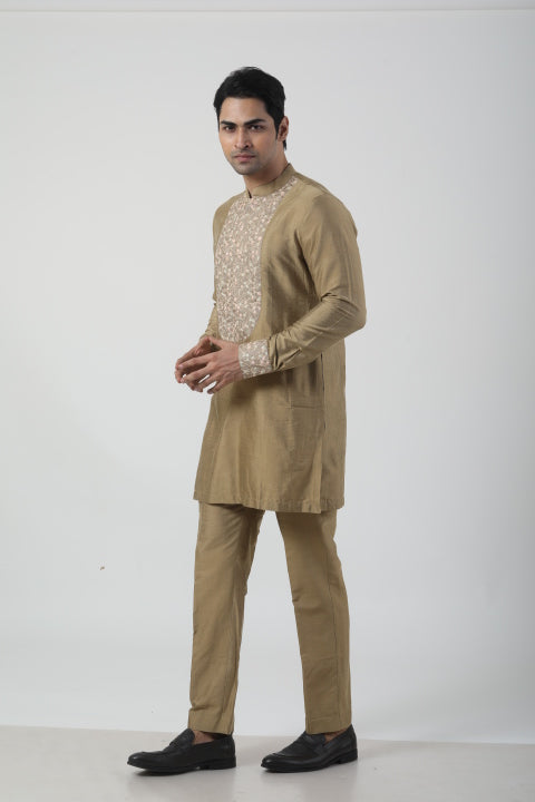 Rust Gold Katan Silk Embroidered Kurta Set