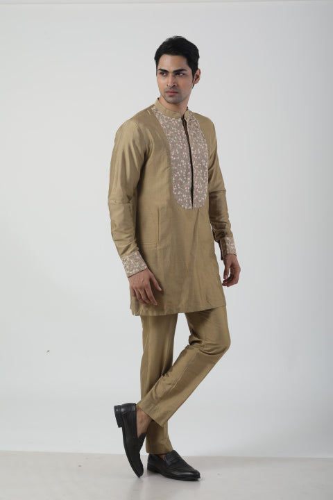 Rust Gold Katan Silk Embroidered Kurta Set
