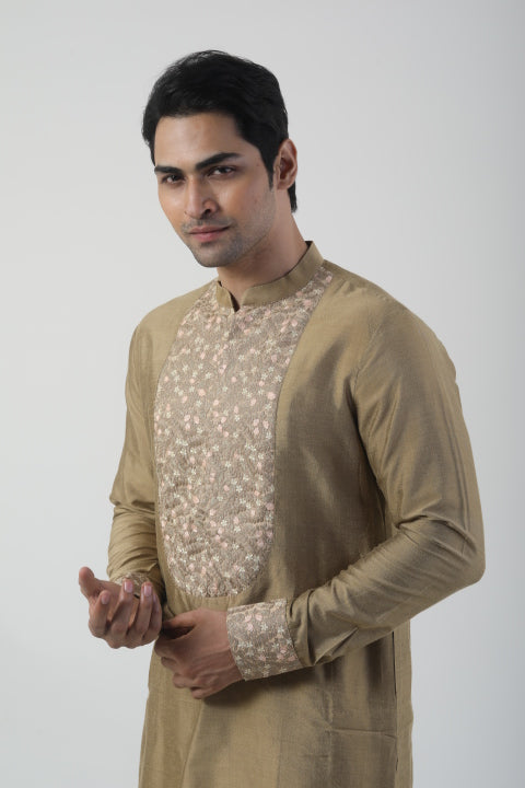 Rust Gold Katan Silk Embroidered Kurta Set