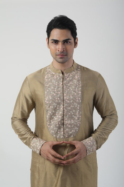 Rust Gold Katan Silk Embroidered Kurta Set