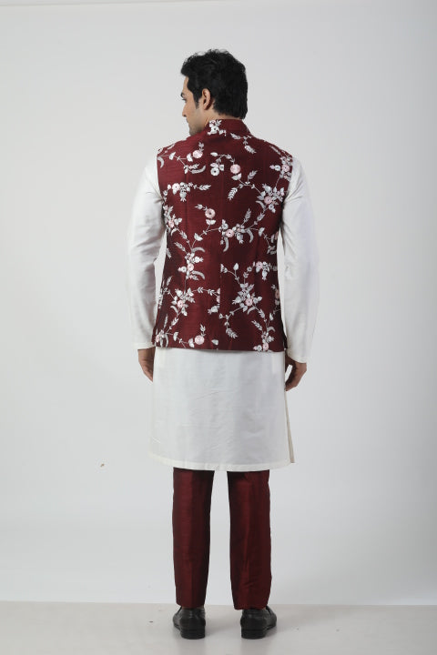 Maroon Nehru Jacket with Off-White Kurta Set