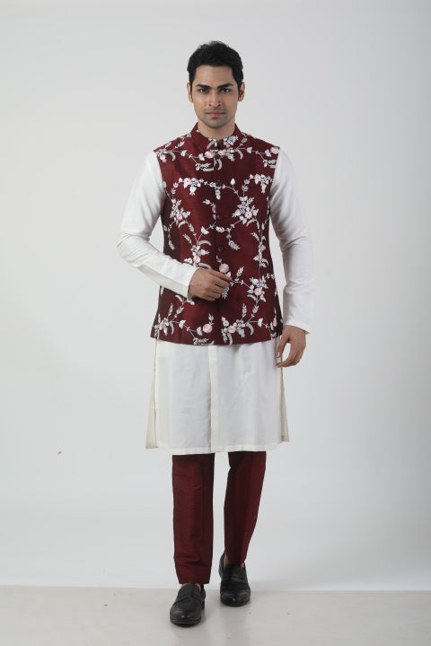 Maroon Nehru Jacket with Off-White Kurta Set