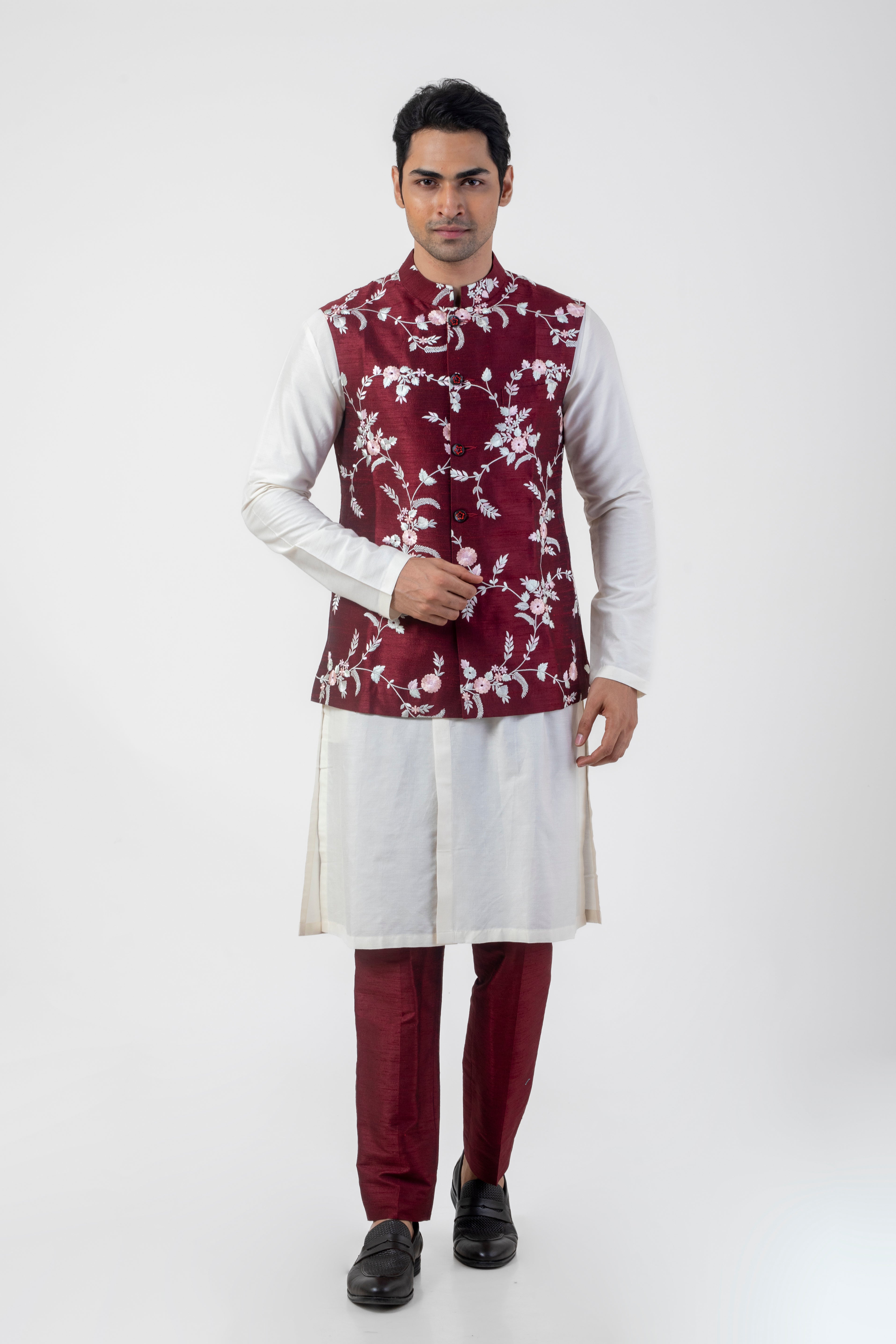 Maroon and White Designer Nehru Jacket Set with Resham Embroidery