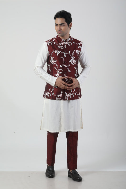 Maroon Nehru Jacket with Off-White Kurta Set