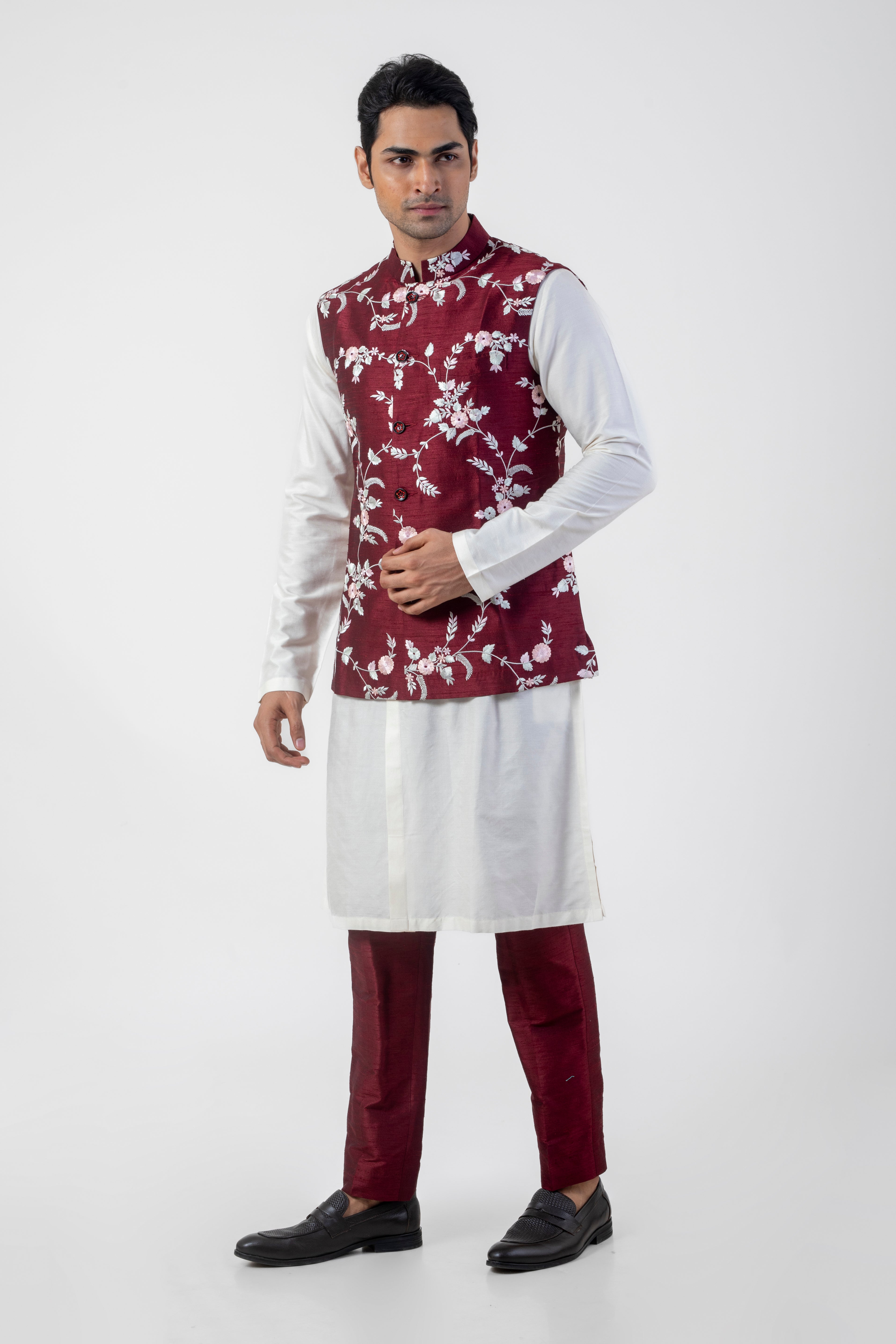 Maroon and White Designer Nehru Jacket Set with Resham Embroidery