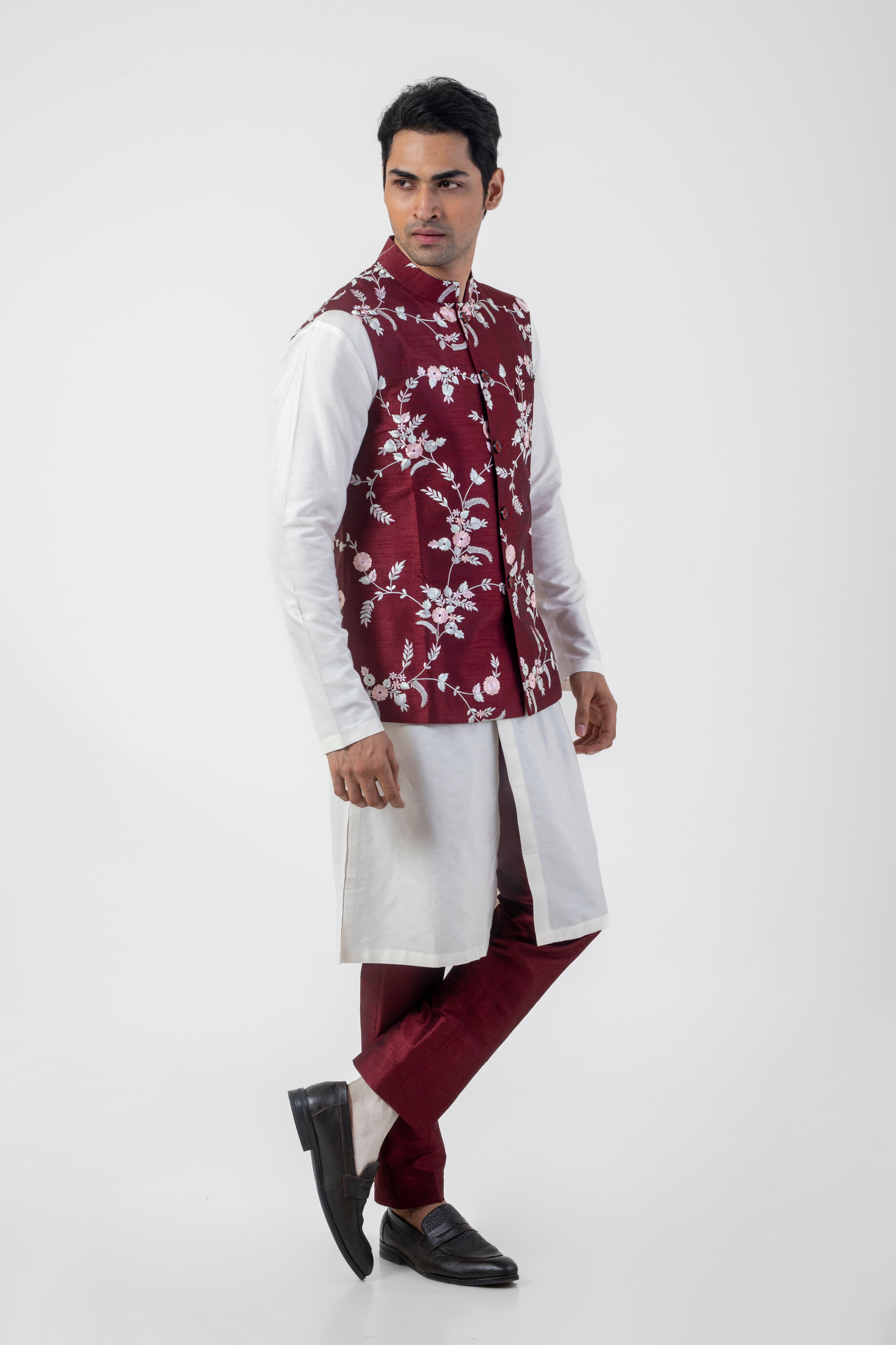 Maroon and White Designer Nehru Jacket Set with Resham Embroidery