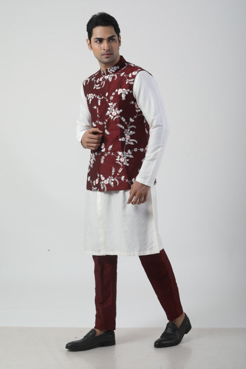 Maroon Nehru Jacket with Off-White Kurta Set
