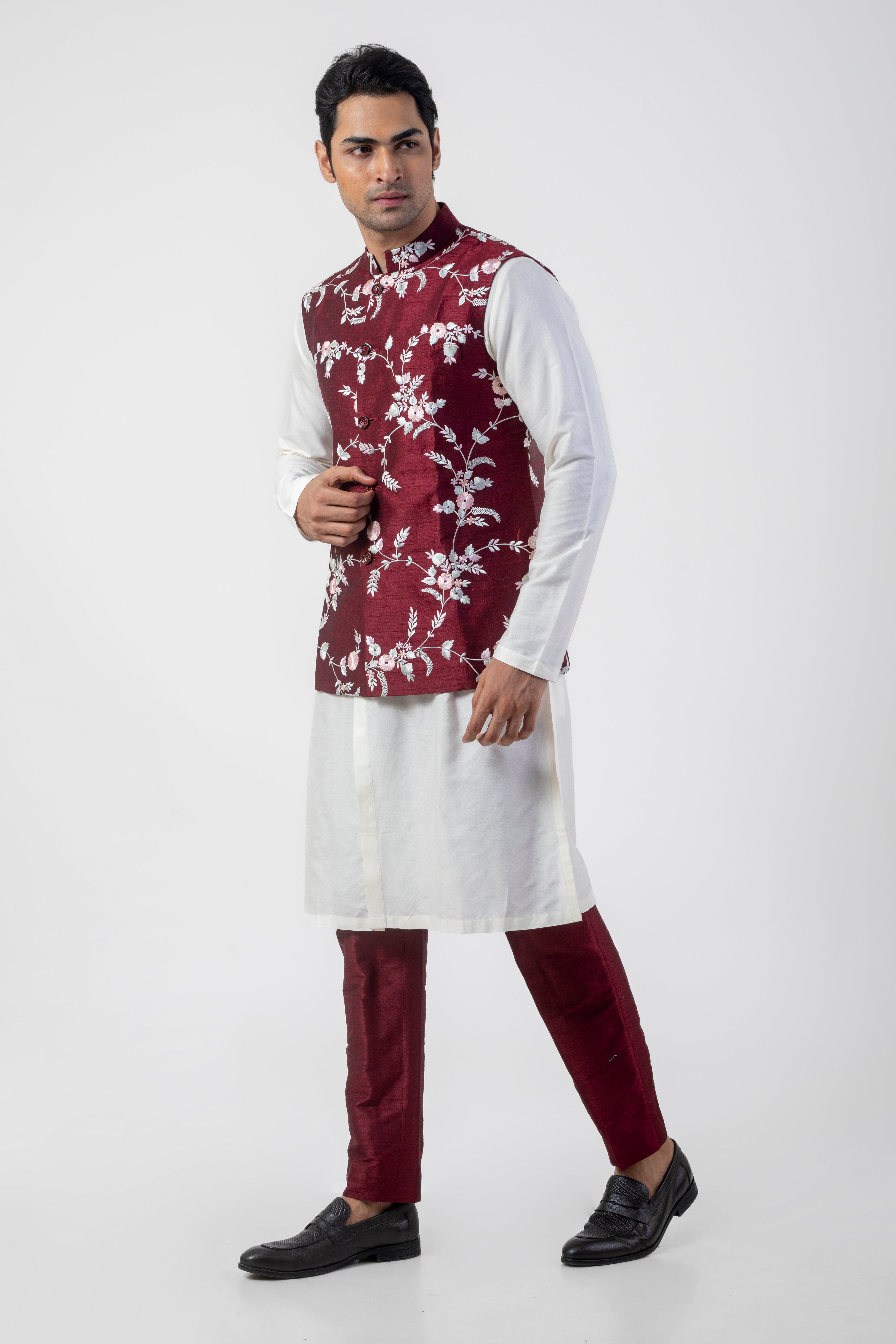 Maroon and White Designer Nehru Jacket Set with Resham Embroidery